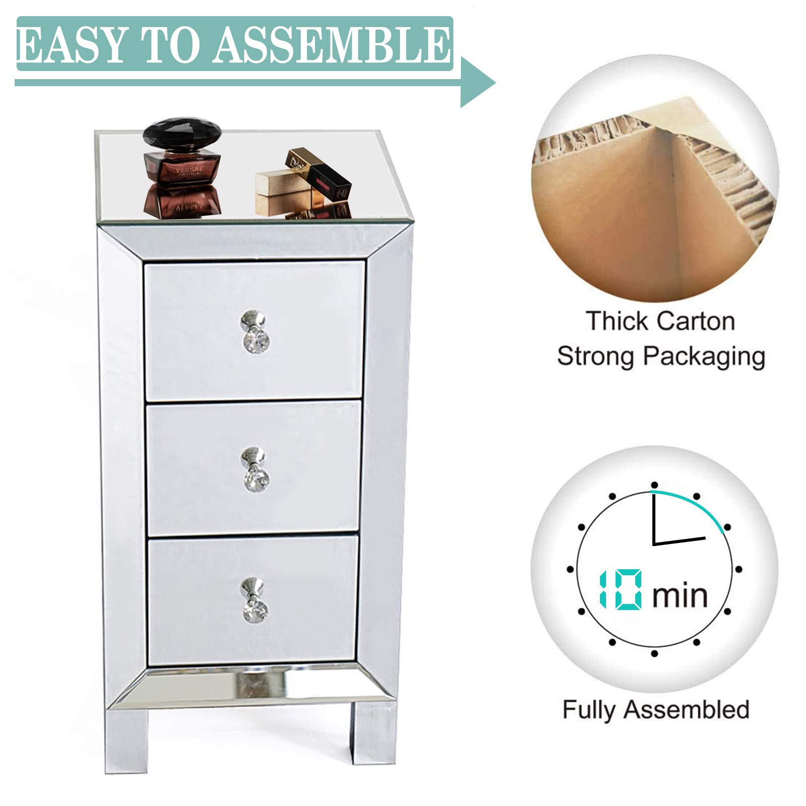 Modern Mirrored 3-Drawer Nightstand with Crystal Knobs - Bedroom & Living Room Storage