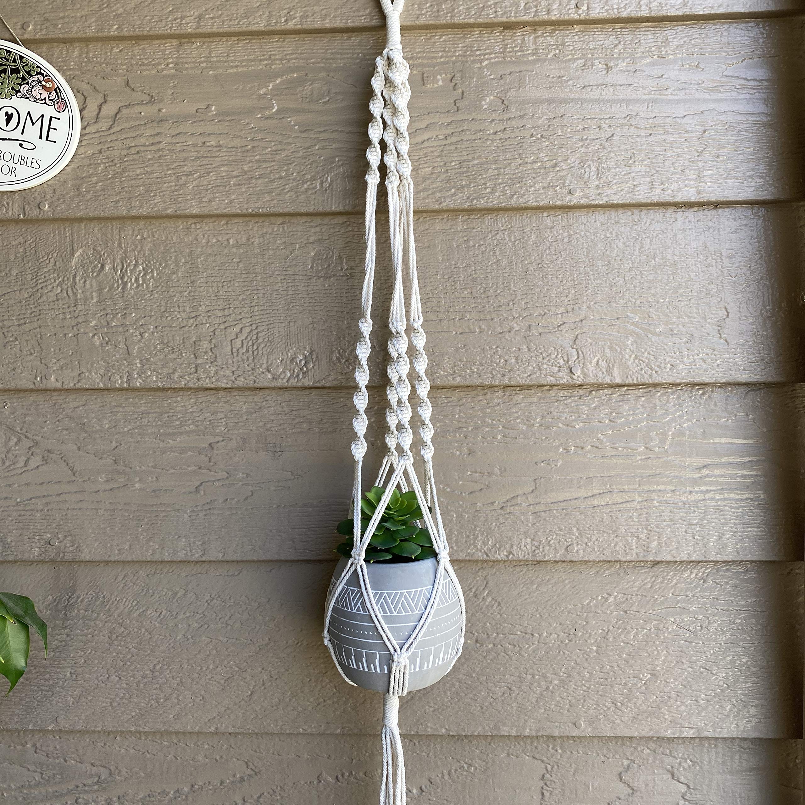 41 Inch Hanging Macrame Plant Holder with Aztec Ceramic Pot - Grey Boho Wall Decor for Living Room, Bedroom, or Patio