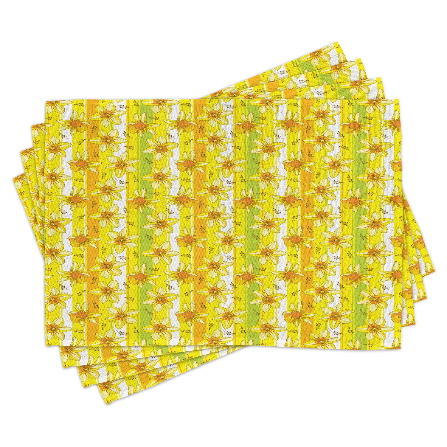 Ambesonne Floral Place Mats Set of 4 - Yellow Daffodil & Narcissus Spring Table Mats with Striped Backdrop, Washable Fabric Placemats for Dining Room & Kitchen Decor in Yellow & Apple Green - Perfect for Spring Parties, Easter Brunch & Farmhouse Table Settings