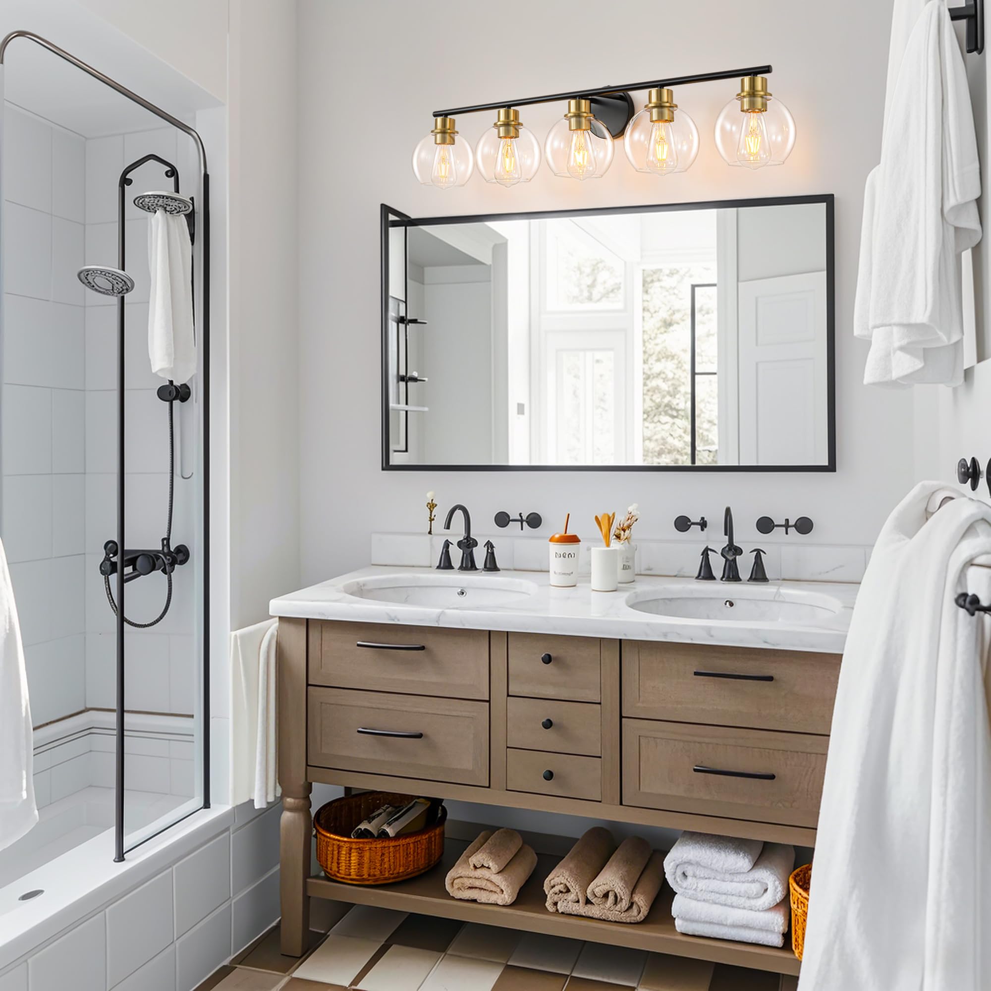 Modern Black & Gold Bathroom Vanity Light Fixture - 5-Light Wall Sconce with Clear Glass Shades (37.4 Inch) - Perfect for Mirror Lighting, Powder Room & Master Bathroom Decor