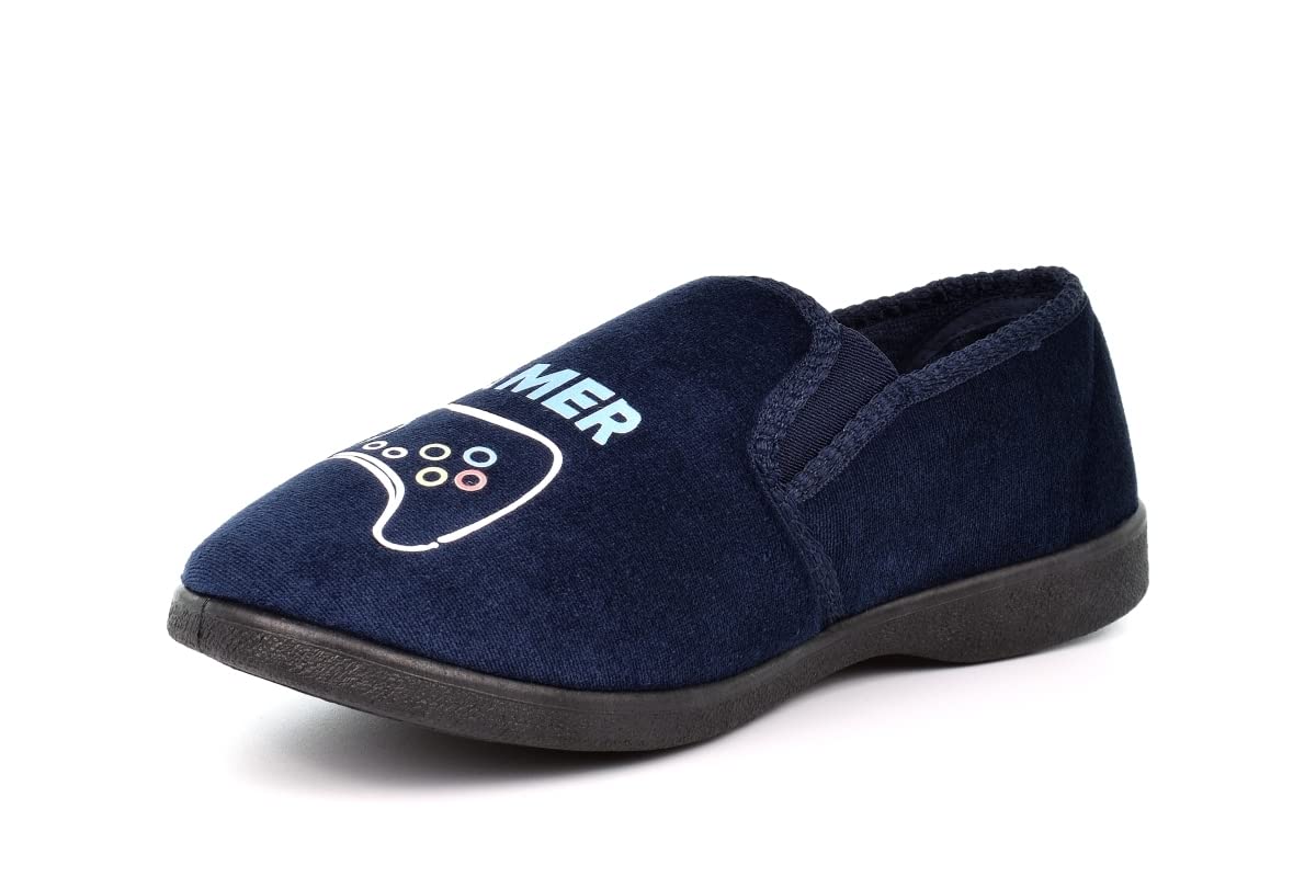 Boys Carpet Slippers with Gamepad Design - Soft Indoor House Shoes for Kids & Teens - Navy Blue Gaming Slippers for Playstation, Xbox & PC Gamers - Perfect for Gaming Sessions, Lounge Wear & Cozy Home Comfort