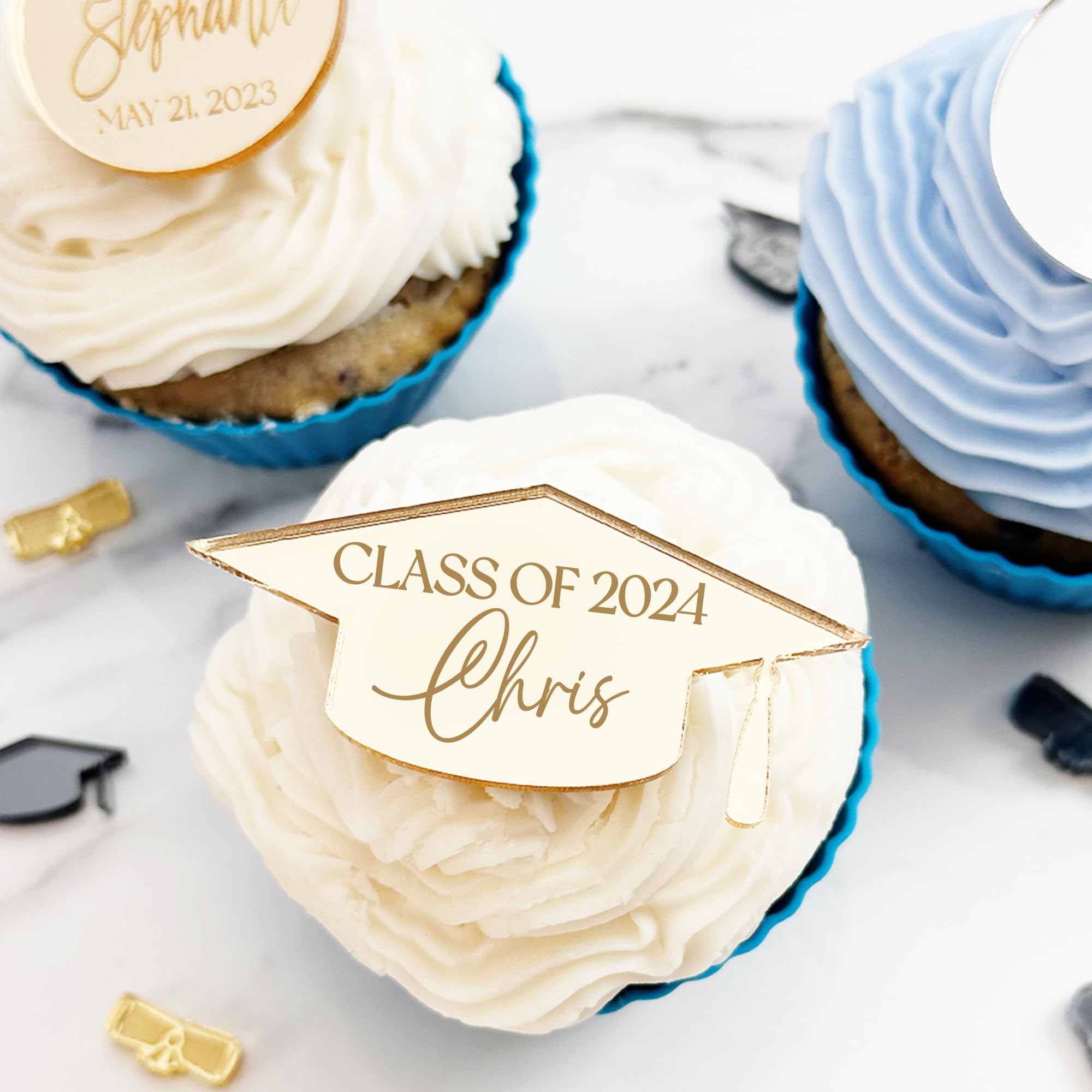(12 Pack) Personalized Graduation Cupcake Toppers 2024 - Custom Cake Decorations for Graduation Party, Commencement Ceremony & School Celebration - Editable Name & Year Designs for DIY Cupcake Decorating