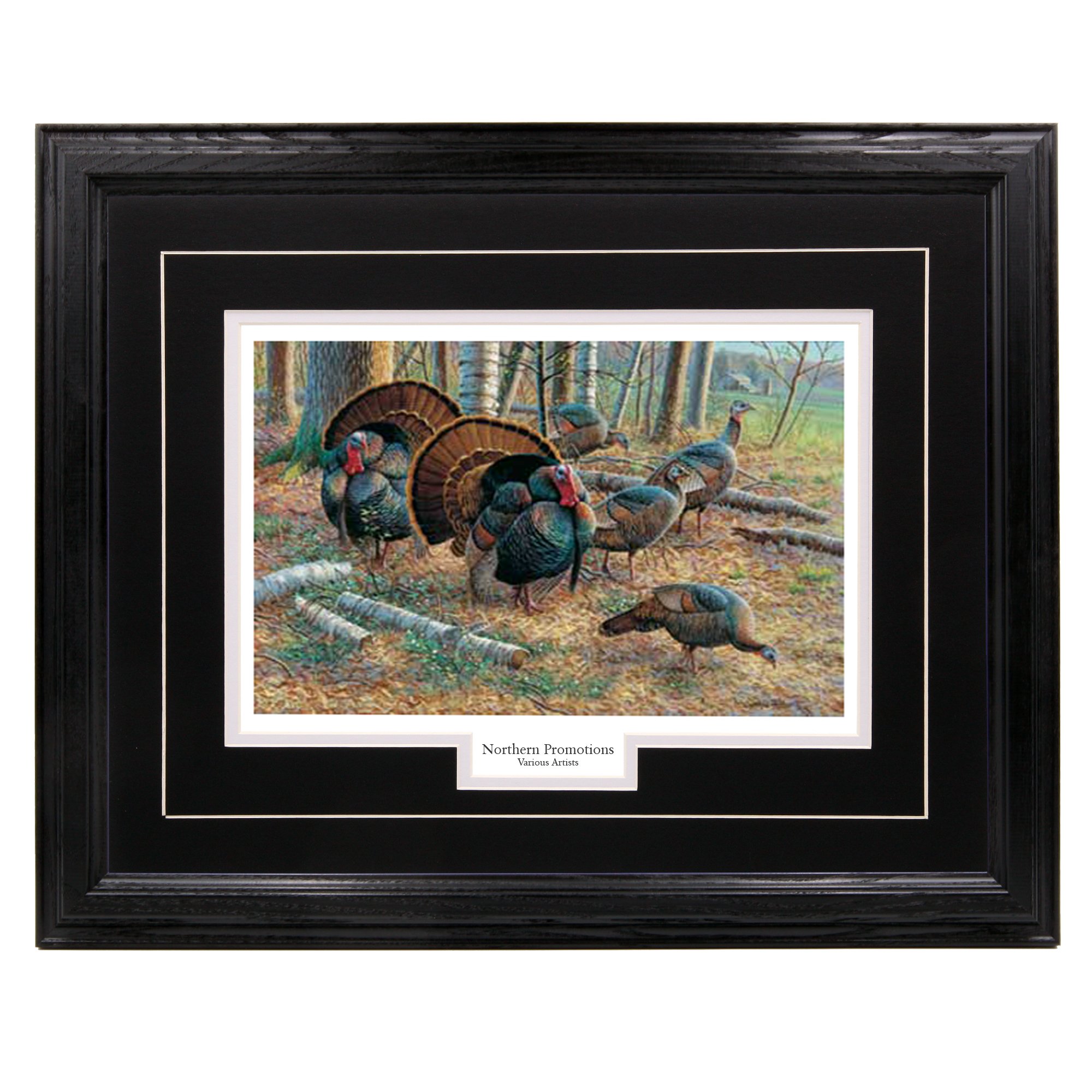 Turkey Spring Strut Wall Art - Hardwood Framed Wildlife Hunting Decor Painting - Black Frame & Mat - 17x21 Inches - Perfect for Cabin, Lodge, or Hunting Room Decor