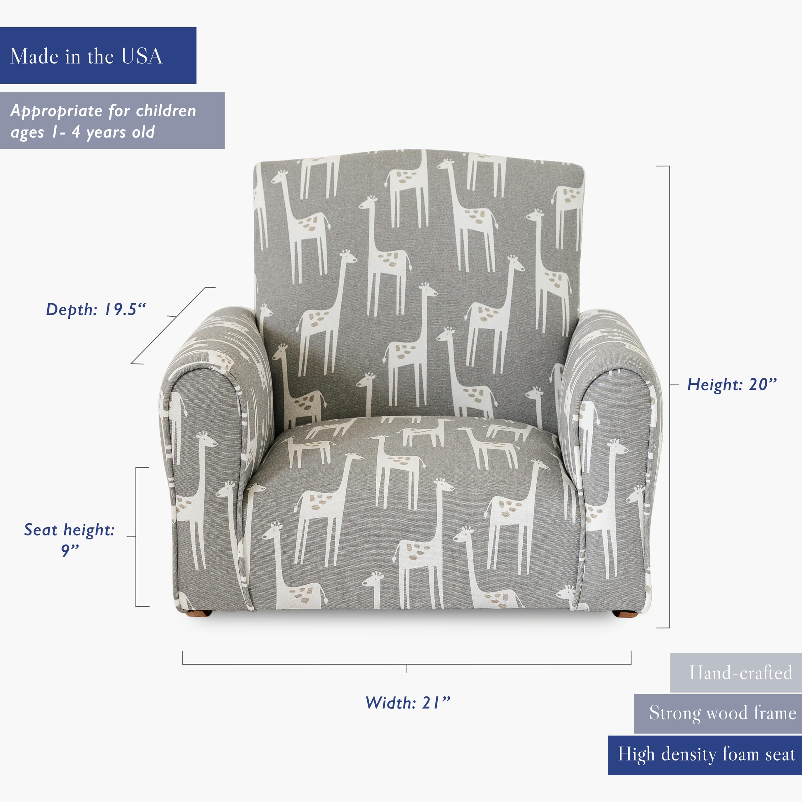 Personalized Kids Rocking Chair with Name - Grey Giraffes Print Upholstered Toddler Armchair | Comfortable Nursery Seating for Playroom, Bedroom & Reading Nook