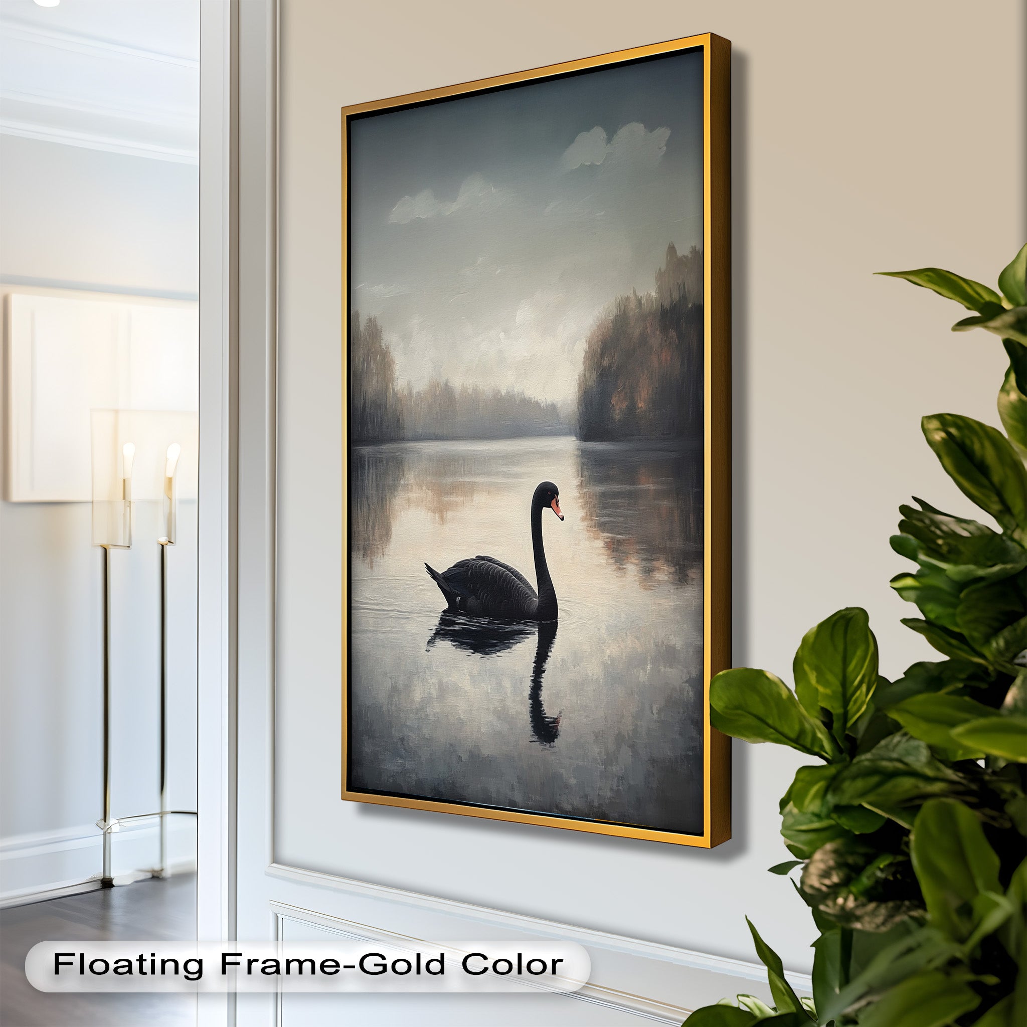 Black Swan at Dusk - Hand Painted Lake Landscape Oil Canvas Artwork - Perfect for Living Room, Bedroom, or Office Wall Decor