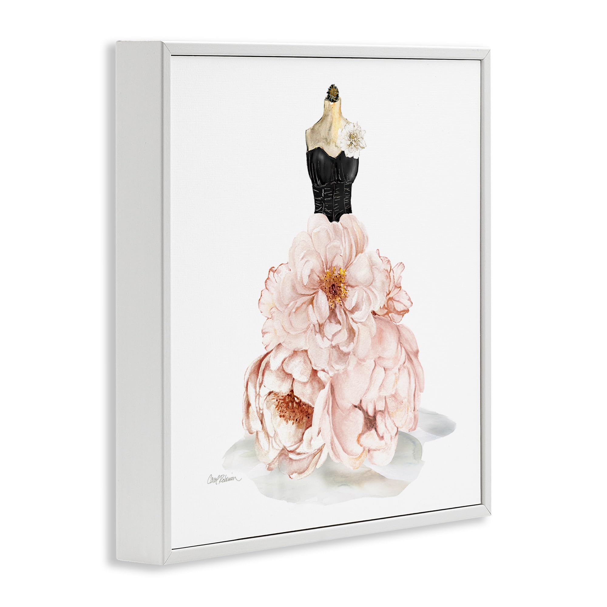 Stupell Industries Pink Peonies Floral Dress Black Corset Fashion Mannequin Wall Art - 17x17 White Framed Canvas Print for Home Decor, Bedroom, Living Room & Office
