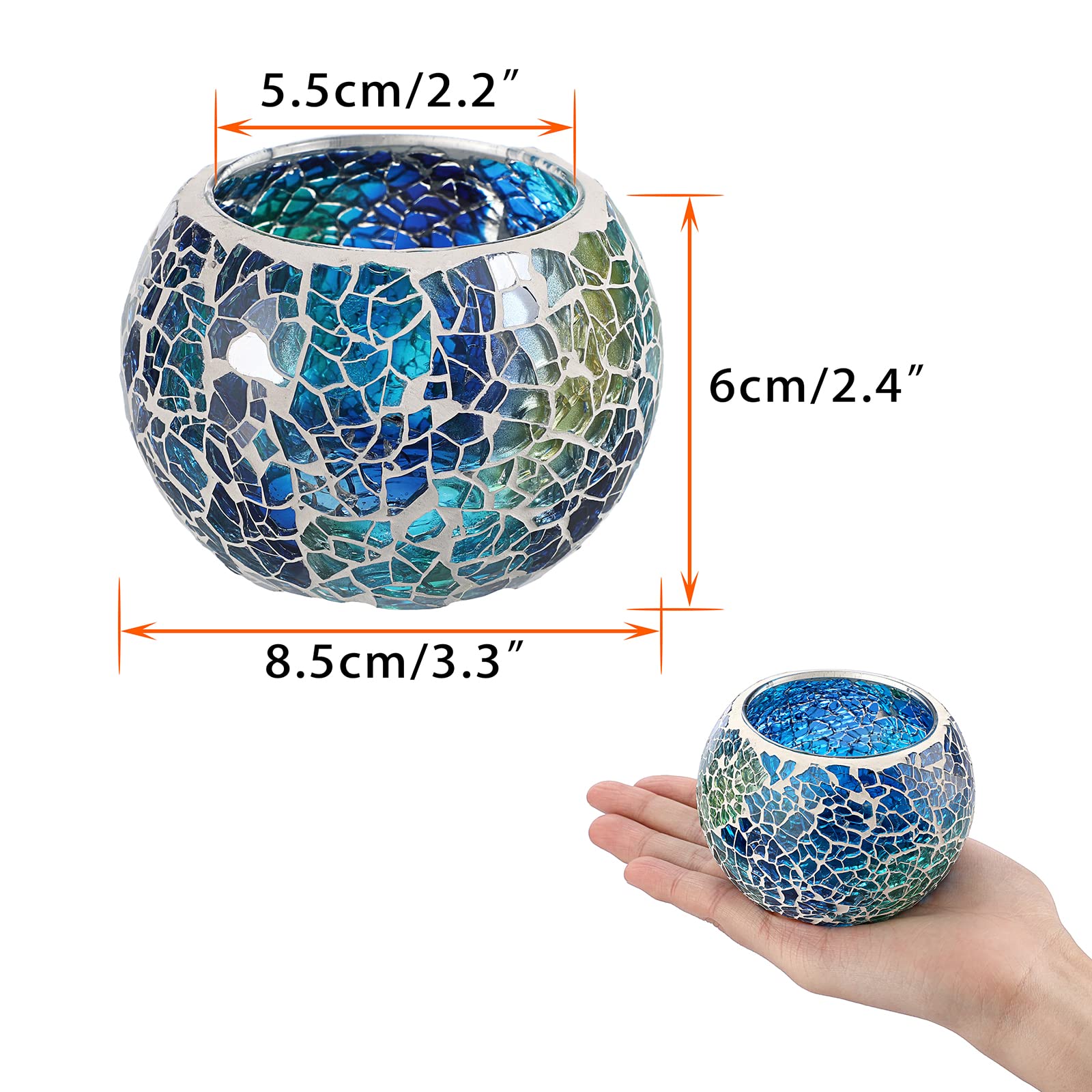 Set of 3 Blue Mosaic Glass Tea Light Holders - Round Bowl Votive Candle Stands for Wedding Centerpiece, Table Decor, Home & Party Decoration