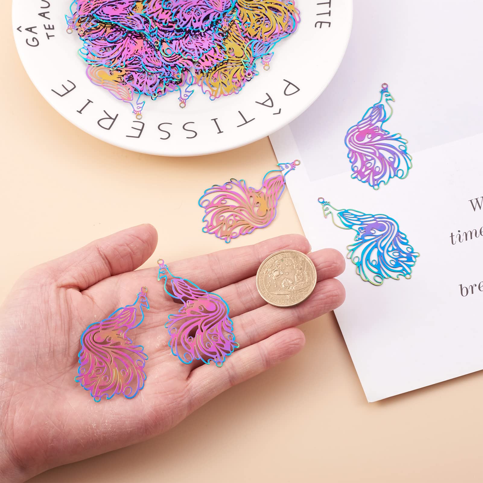 50Pcs Stainless Steel Phoenix Filigree Charms - Rainbow Etched Metal Embellishments for DIY Jewelry Making - Perfect for Necklaces, Bracelets, Earrings & Craft Projects