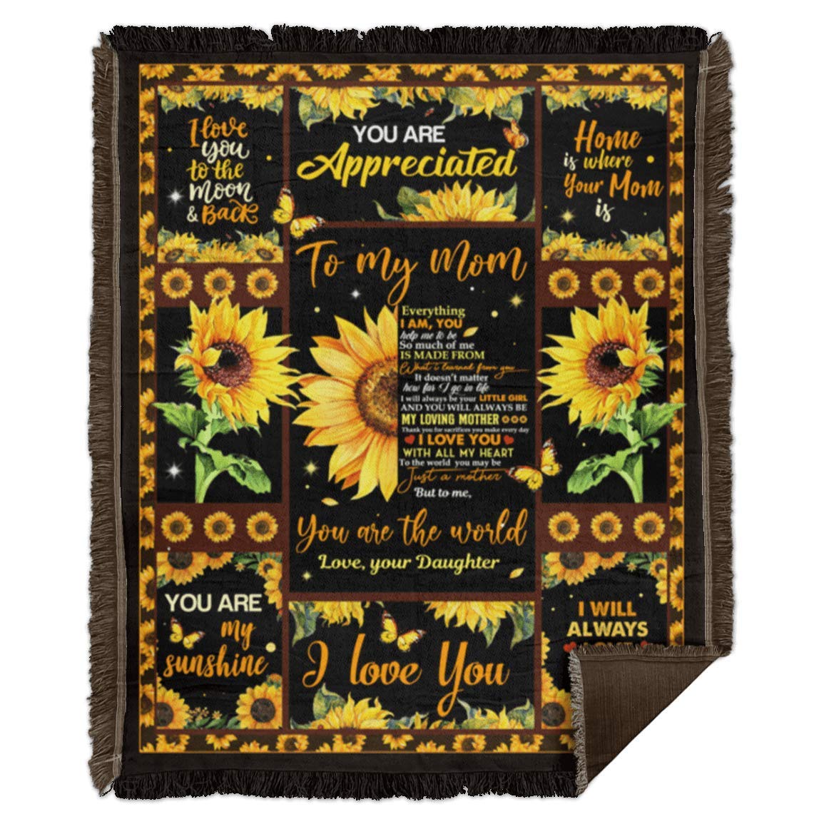 Sunflower Blanket for Mom - Happy Mother's Day Gift, 50x60 Inch Woven Throw Blanket in White | Cozy Home Decor, Bedroom Accent, Sofa Throw, Picnic Blanket