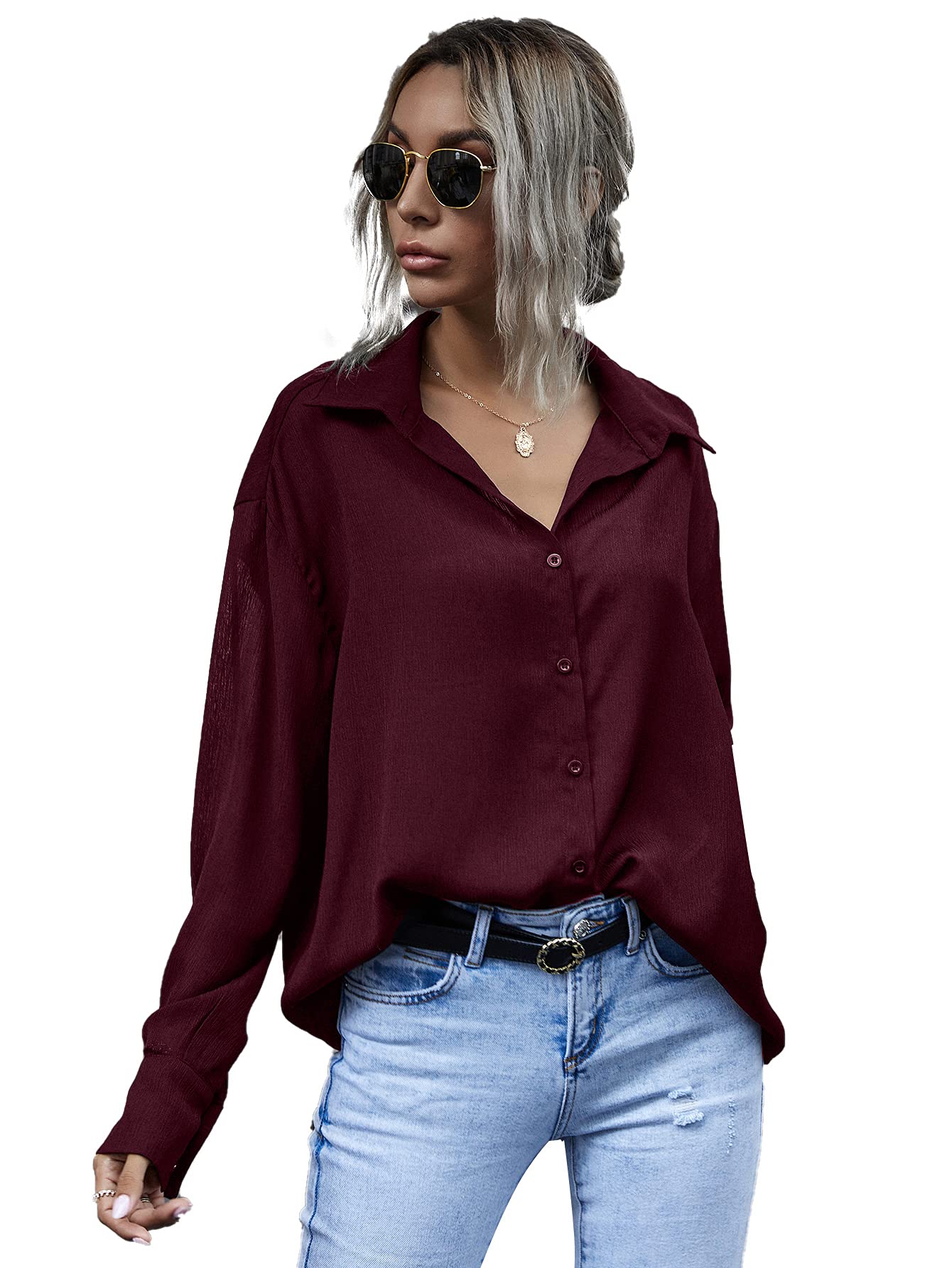 MakeMeChic Women's Button Down V-Neck Blouse - Long Sleeve Casual Work Shirt for Office & Everyday Wear | Professional & Stylish Tops for Women