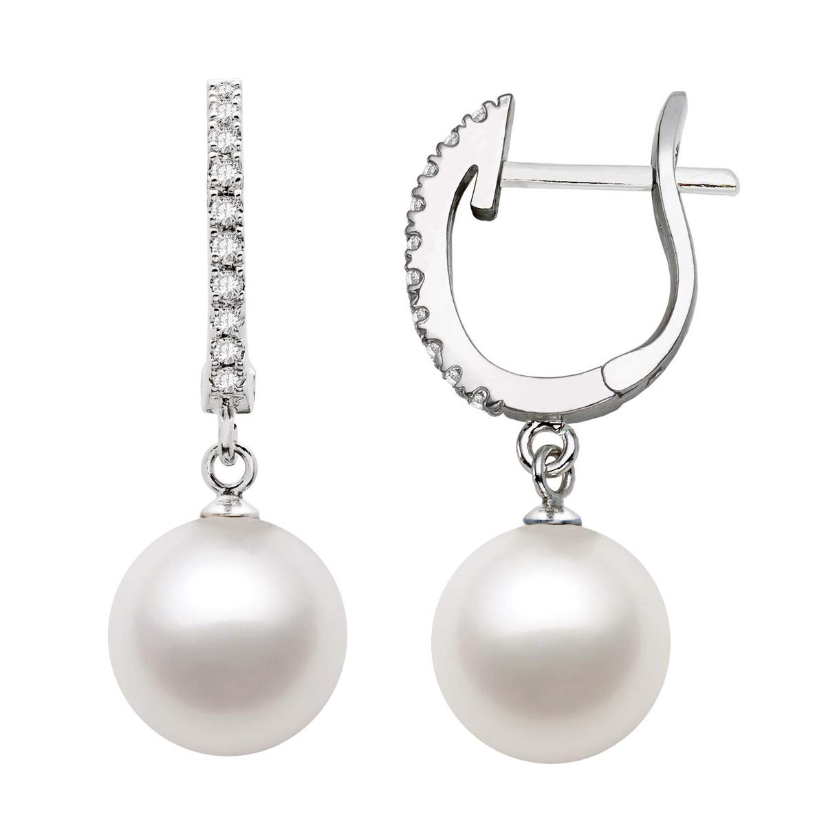 AAAA Quality White Cultured Freshwater Pearl Hoop Earrings - Rhodium Plated Sterling Silver with CZ Stones | Elegant Jewelry for Weddings, Parties & Special Occasions