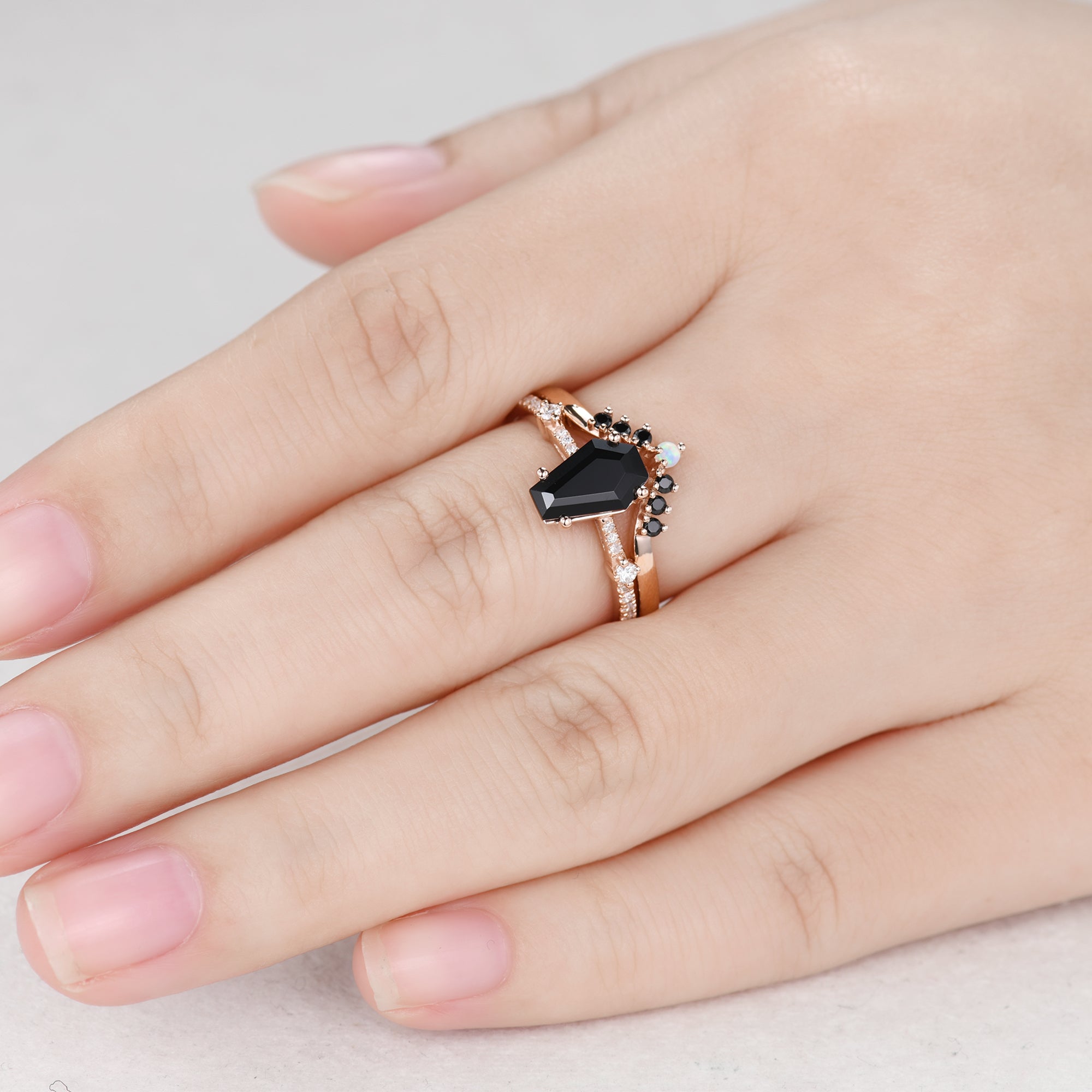 Black Onyx Coffin Gothic Engagement Ring Set with Opal Stacking Rings for Women - Gothic Wedding, Dark Romance, Alternative Jewelry for Brides, Couples & Unique Style Lovers
