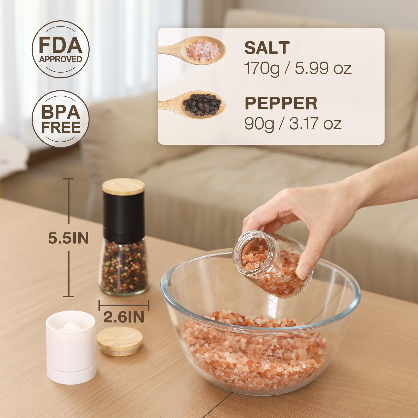 Premium VUCCHINI Salt and Pepper Grinder Set - Refillable Bamboo Lid & Wood Stand - Adjustable Coarseness for Sea Salt, Black Pepper - Perfect for Kitchen, Dining Table & BBQ Party Gifts