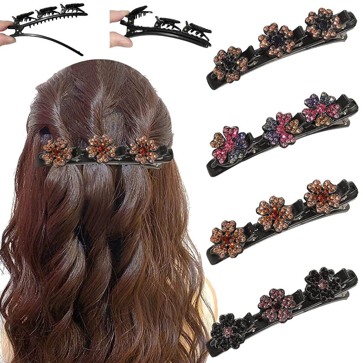 INHEAVEN 4-Pack Rhinestone Flower Hair Clips for Women - Double Layer Braided Hairpins with Crystal Hummingbird Design | Perfect for Weddings, Parties & Everyday Elegance