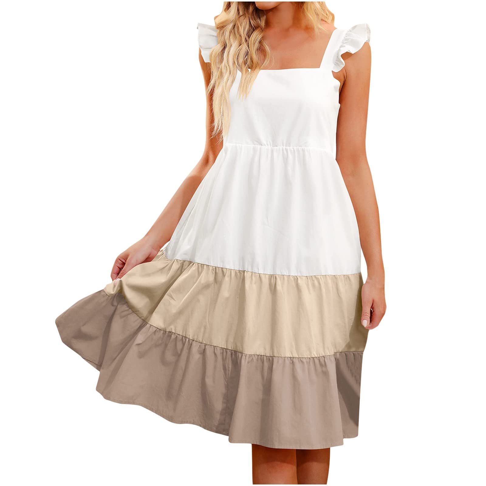 Women's Summer Casual Dress - Solid Color Ruffle Strap Sleeveless Square Neck Patchwork Swing Dress | Perfect for Beach Vacation, Date Night & Office Wear | Gifts for Women