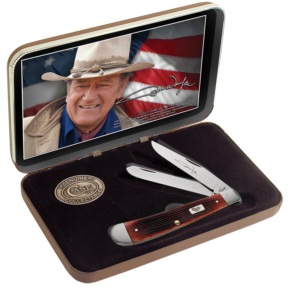 Premium John Wyne Trapper Pocket Knife Gift Set with Dark Red Case - Perfect for Camping, Hunting & Outdoor Adventures