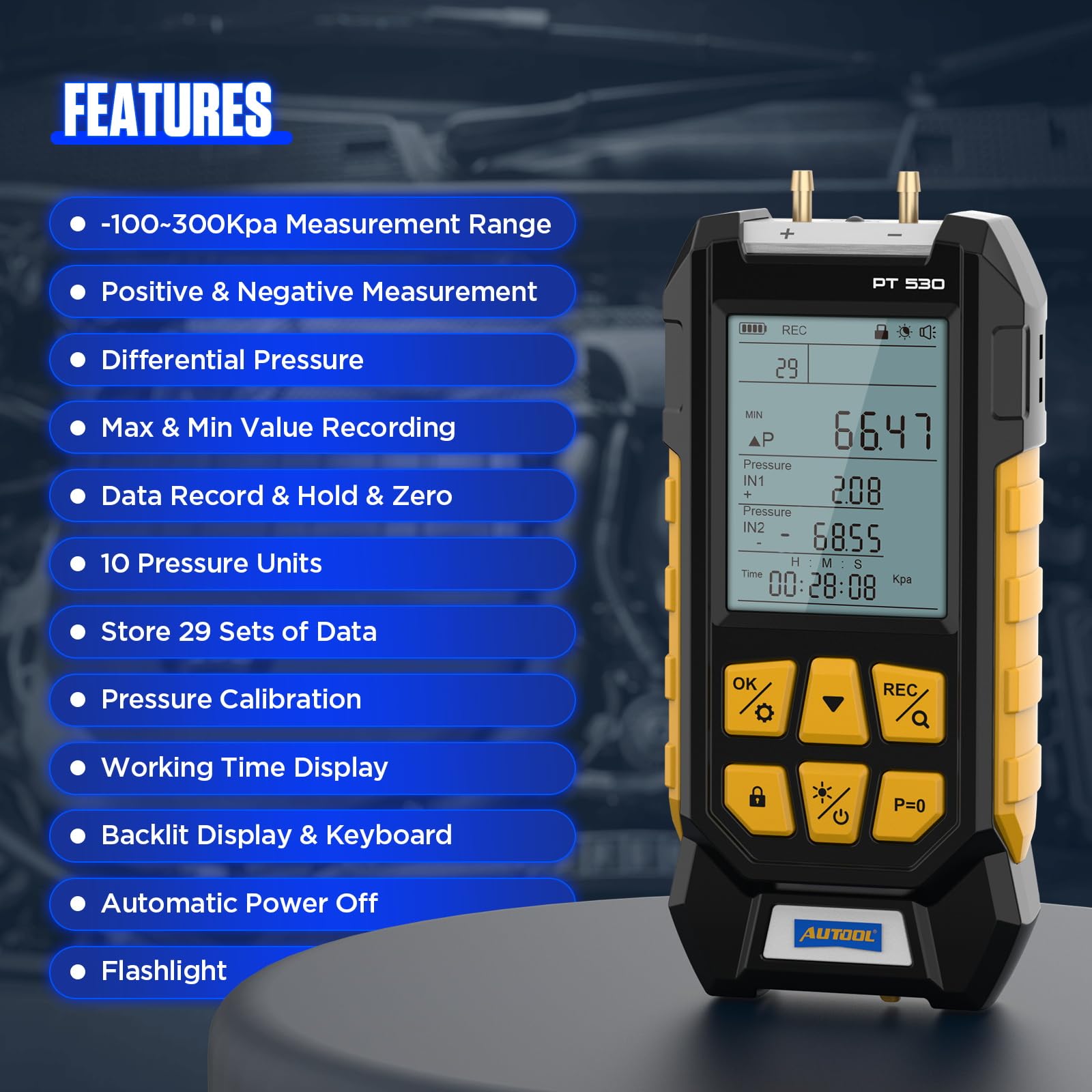 AUTOOL Digital Manometer Gas Pressure Tester -100 to 300Kpa with Backlit Display | HVAC Pressure Gauge with Data Lock & Storage, Magnetic Back | for HVAC, Refrigeration, Automotive & Industrial Use