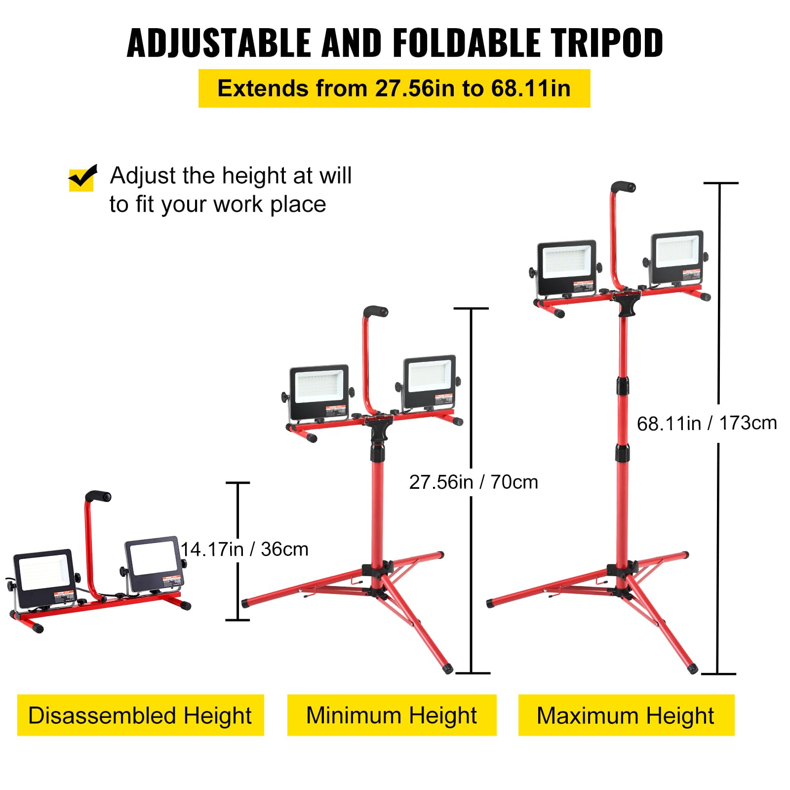 VEVOR 2PCS 10000 Lumen Dual-head LED Work Light with Adjustable Tripod Stand (27.6