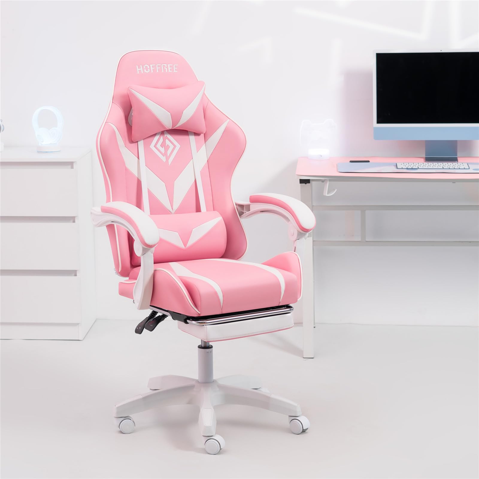 HOFFREE Pink Gaming Chair with Massage & Footrest - Ergonomic Computer Chair with Lumbar Support & Headrest - Reclining PC Gamer Chair for Women & Girls - Perfect for Gaming Setup, Home Office & Streaming Room