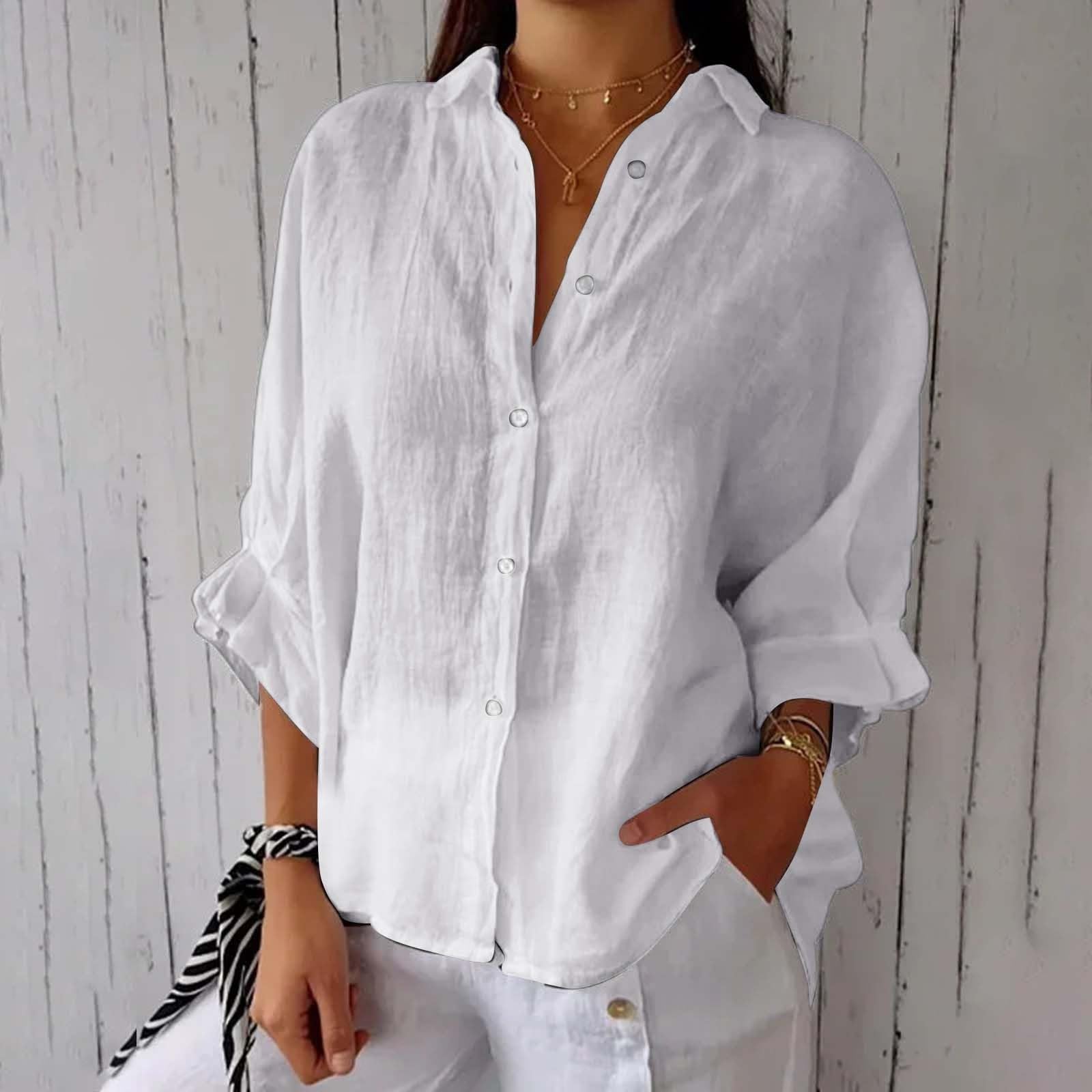 Women's Button Down V-Neck Chiffon Blouse - 3/4 Sleeve Loose Fit Linen Shirt for Work & Casual Wear | Oversized Collared Top for Office, Date Night & Summer Outfits