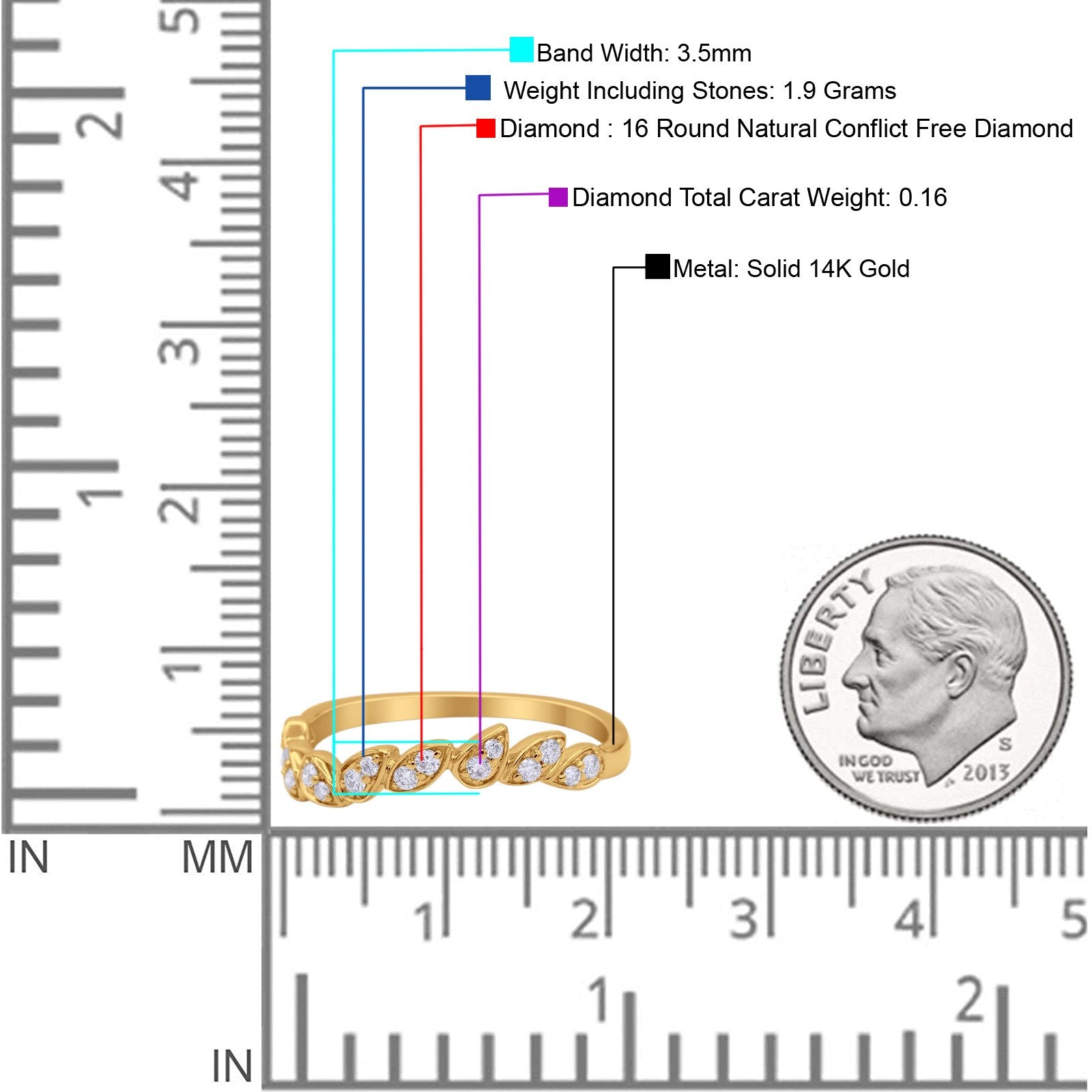 14K Gold 0.16ct Natural Diamond Eternity Band Ring - Marquise Cut 3mm Curved Contour Leaves Design for Wedding, Anniversary & Special Occasions