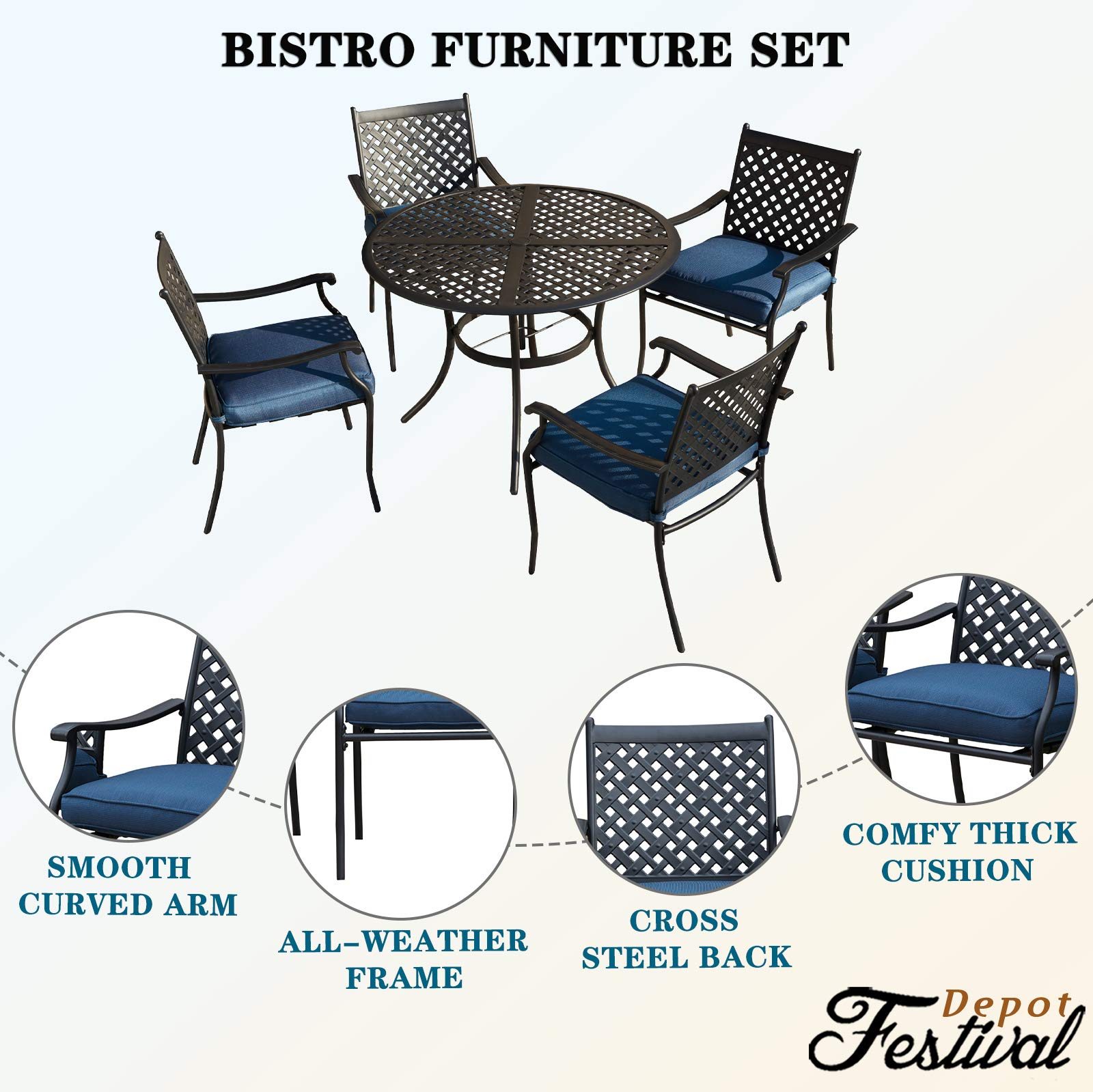 5-Piece Outdoor Patio Dining Set with Metal Chairs, Cushions & Round Iron Table - All-Weather Garden Furniture for Bistro, Deck, Backyard (Blue) | Perfect for BBQs, Poolside Lounging & Outdoor Entertaining