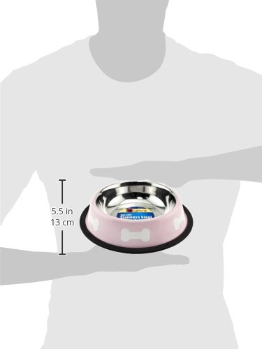 Ruffin' It Fashion Steel Dog Bowl - 16 oz Pink with White Bones Design - Durable Pet Food & Water Dish for Home, Travel & Outdoor Use