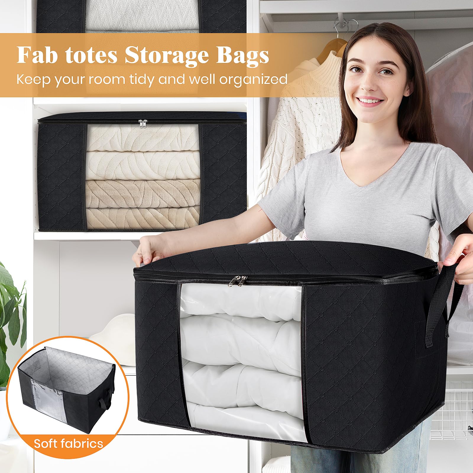 8-Pack Foldable Thick Fabric Storage Bags - Large Clothes & Blanket Organizer for Bedroom, Closet, Comforter | Durable Storage Containers with Handles (Black) | Perfect for Seasonal Clothing Rotation & Space Saving Storage
