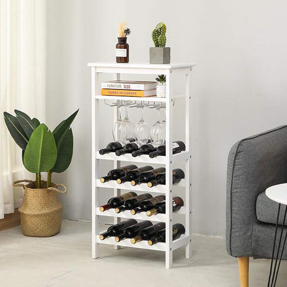 XIAOYAN 6-Tier Solid Wood Wine Cabinet with Glass Rack - Freestanding Floor Wine Bottle Display Stand (44×26×100cm) in White & Brown - Perfect for Dining Room, Bar, Kitchen, or Living Room Wine Storage