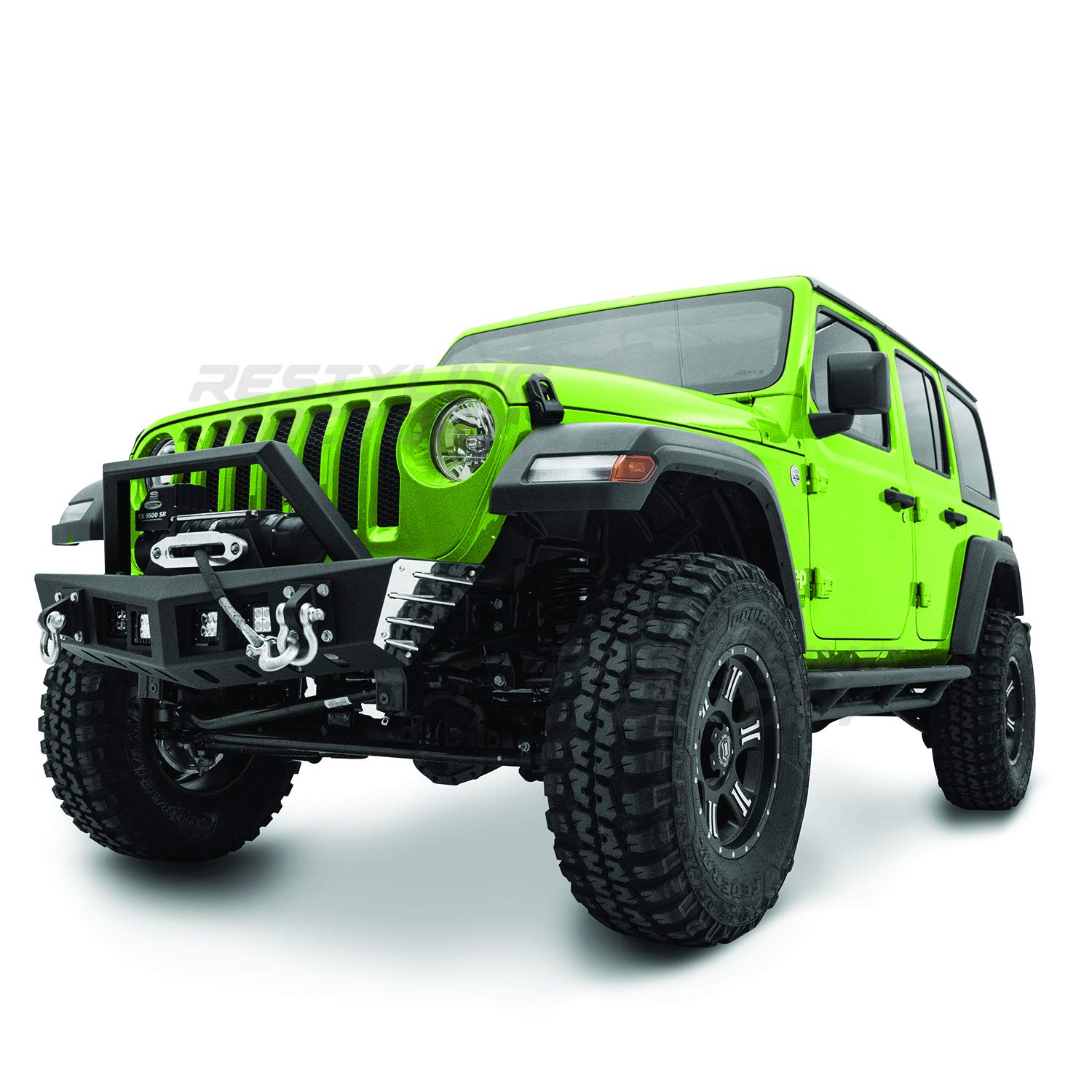 Black Textured Stubby Front Bumper with 2x D-Ring & Winch Plate | Built-In 4x 3