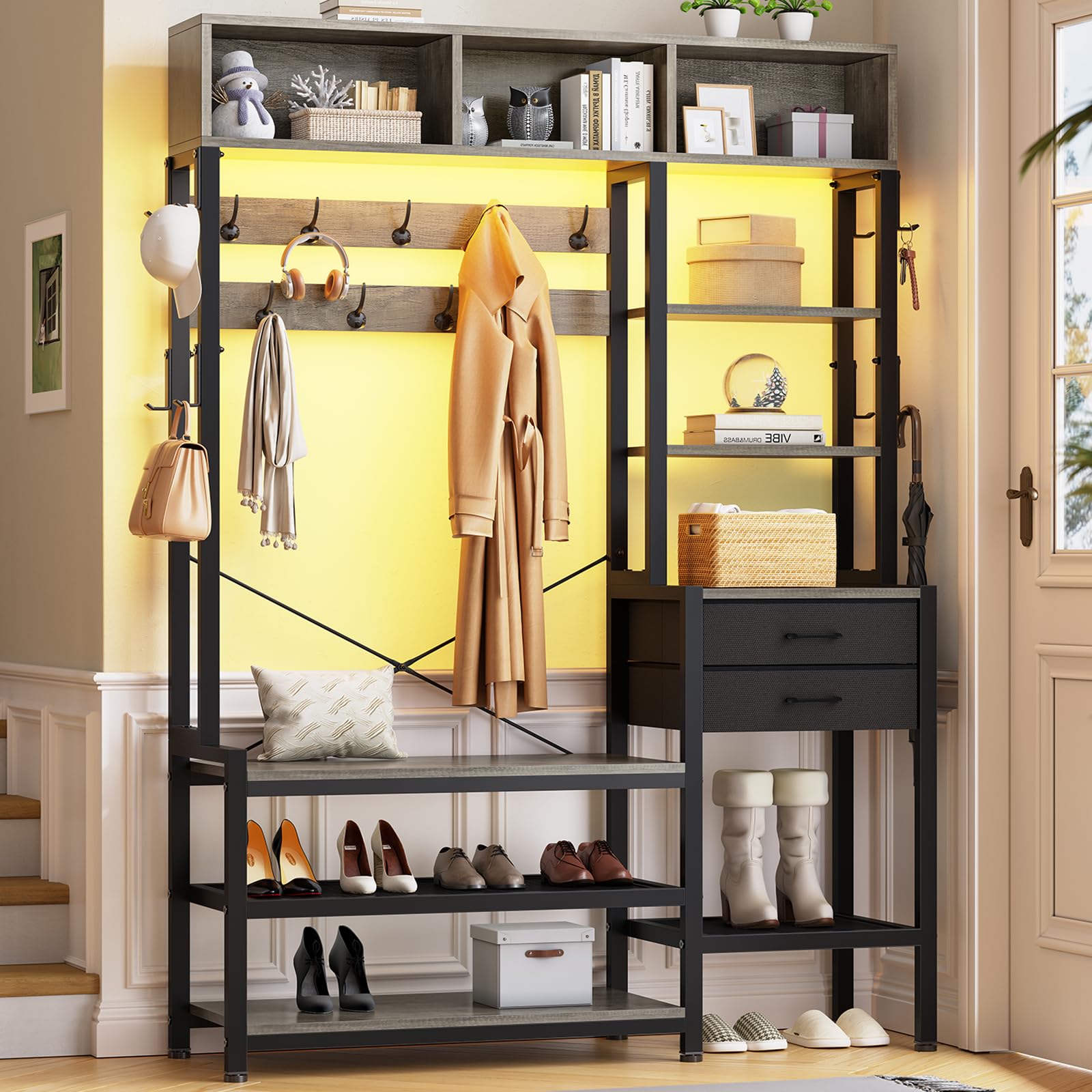 7-in-1 Itaar Hall Tree with Bench & Shoe Storage - Entryway Organizer with Coat Rack, 3 Cubbies, 3 Shelves, 17 Hooks & 2 Fabric Drawers (Oak Grey) - Perfect for Mudroom, Foyer & Small Space Organization
