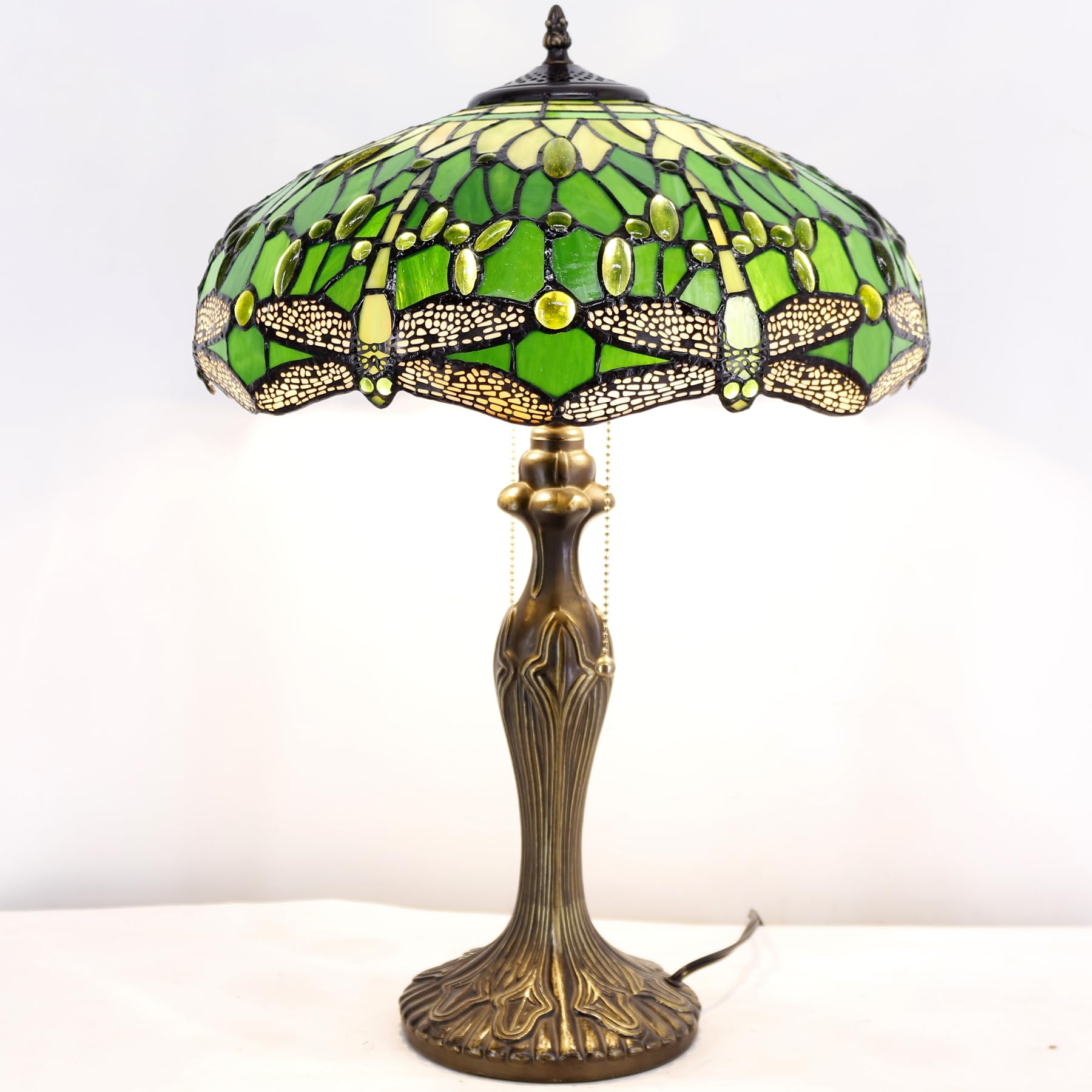 Tiffany Style Table Lamp - Green Stained Glass Dragonfly Design, 16x16x24 Inch Bedside Lamp with Metal Base for Bedroom, Living Room & Home Office | Perfect for Reading, Decor & Ambient Lighting (S459 Series)