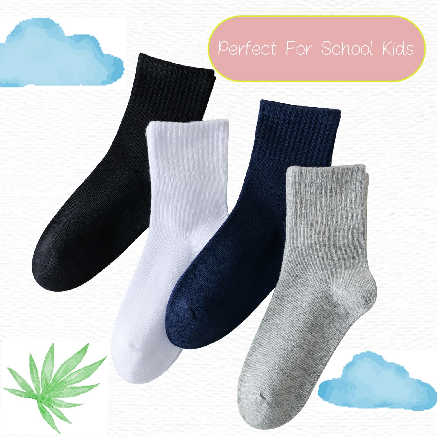 **Boys Girls Cotton Crew Socks - White Seamless Retro Striped Ankle Socks for School, Sports & Casual Wear**