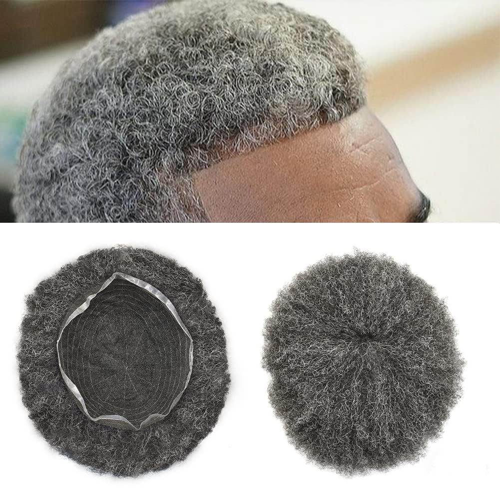 Afro Toupee for Black Men - Kinky Curly Human Hair Replacement System with Full French Lace | 8x10 Inch Afro Wave Wig for African American Men | Brazilian Human Hair Piece with Transparent Lace Base (#150 Jet Black with 50% Grey) - Perfect for Daily Wear, Special Occasions & Hair Loss Solutions