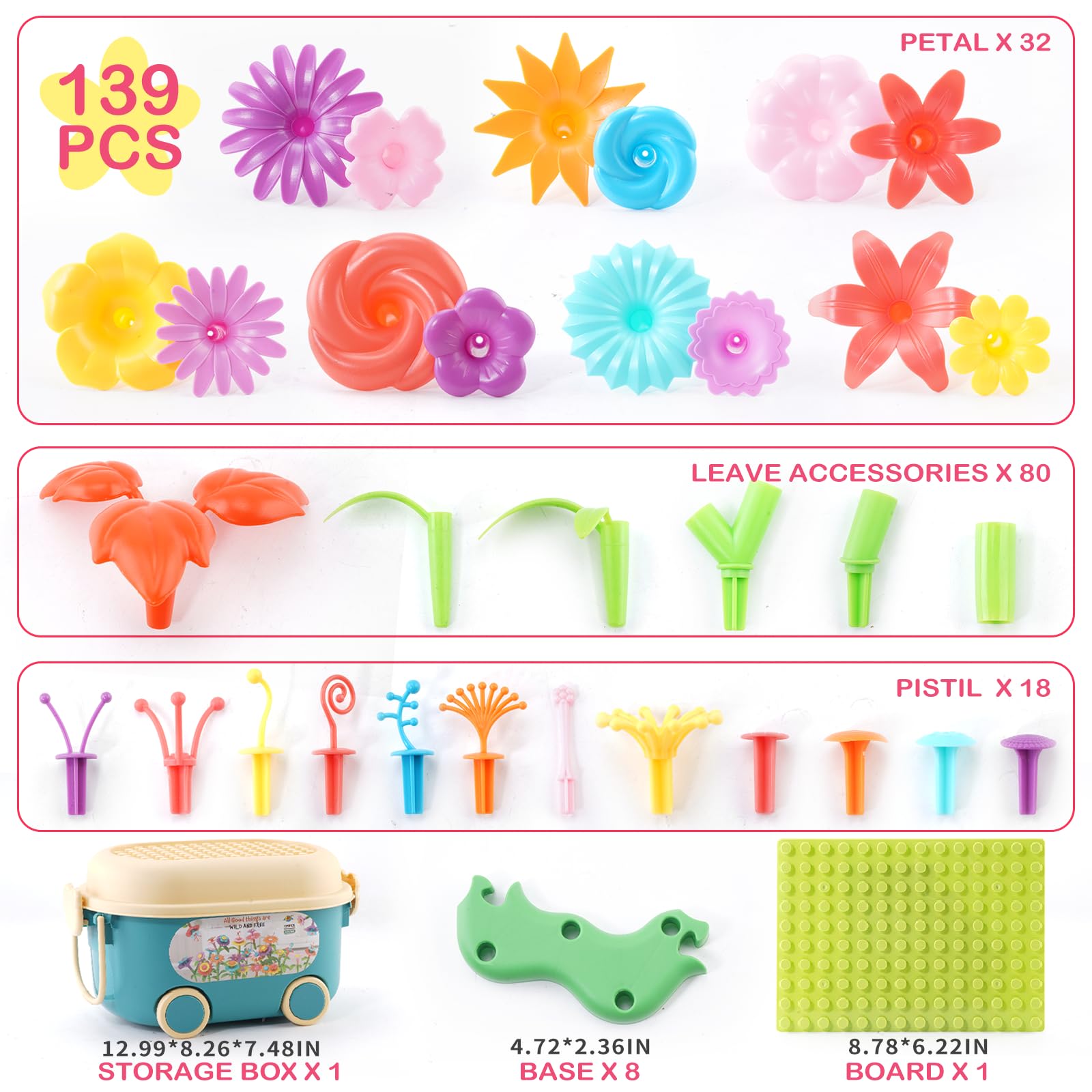 Eaciilee Flower Garden Building Blocks Toy Set - 139 PCS STEM Educational Stacking Toys with Storage Box for Toddlers Age 3-6, Perfect Preschool Learning Activity & Birthday Gift for Girls | Creative Garden Play for Indoor & Outdoor Fun
