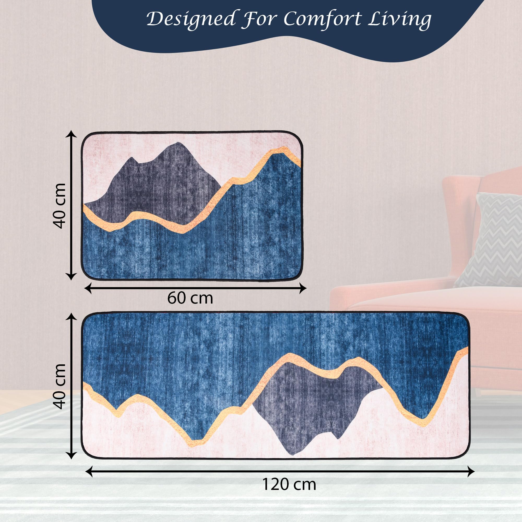 Kuber Industries 2-Pack Anti-Slip Absorbent Kitchen Mat Set | Non-Slip Kitchen Rug & Door Mat | Non-Woven Floor Mat for Kitchen, Living Room, Entryway | Blue & Gray | Perfect for Spill Protection & Home Decor