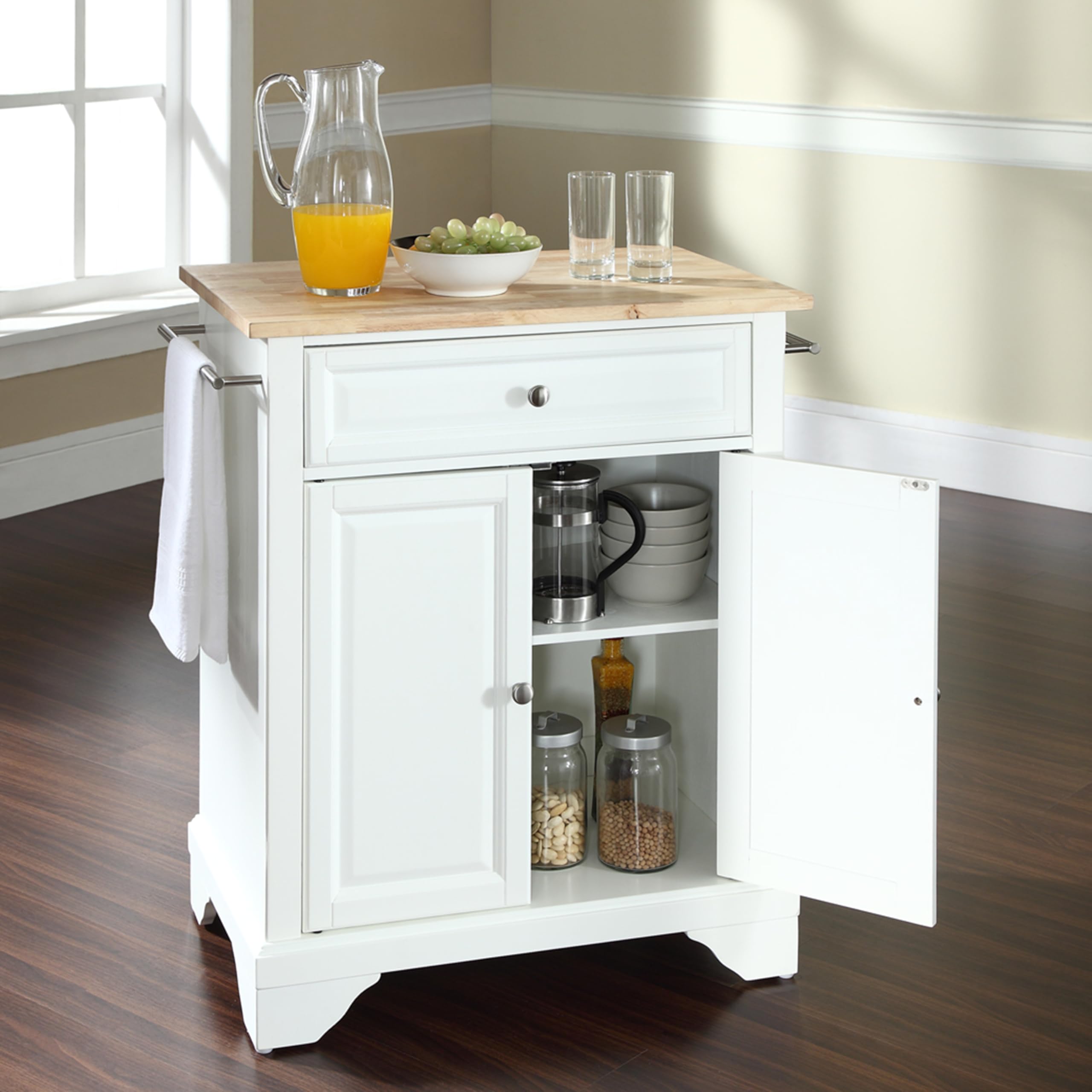 Crosley Lafayette White Wood Top Portable Rolling Kitchen Island Cart - Microwave Stand, Storage Cabinet for Small Spaces | Perfect for Kitchen, Pantry, Laundry Room & Dorm Organization