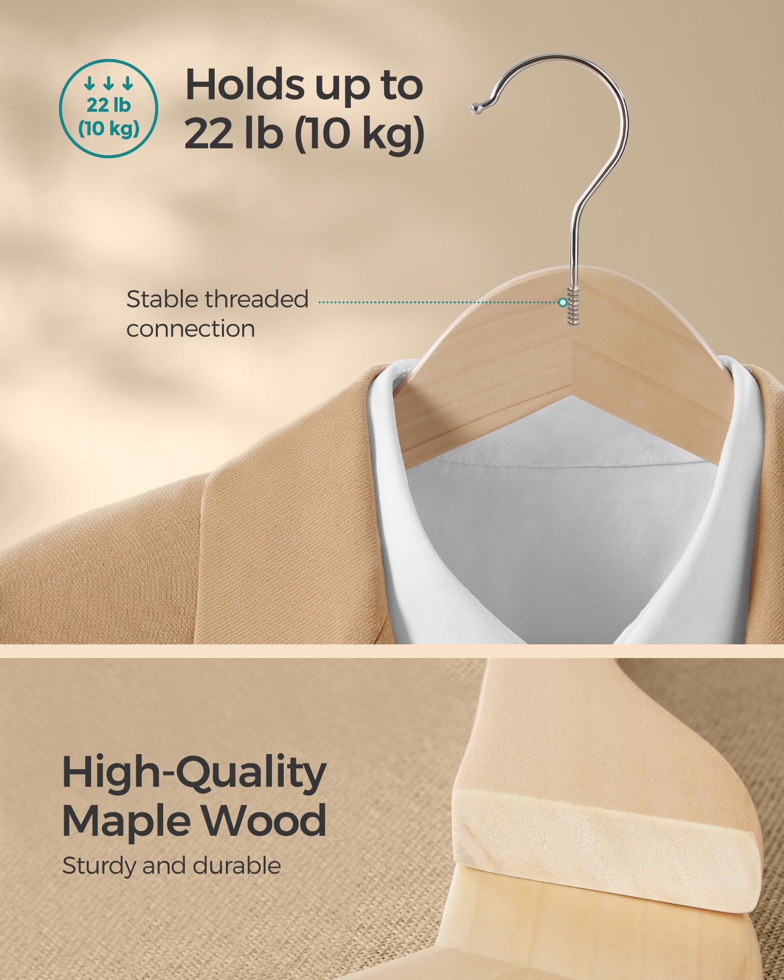 SONGMICS 24-Pack Wooden Clothes Hangers with Non-Slip Pants Bar & 360° Swivel Hooks - Natural Beige Coat Hangers for Jackets, Shirts, Coats - Perfect for Closet Organization & Wardrobe Storage