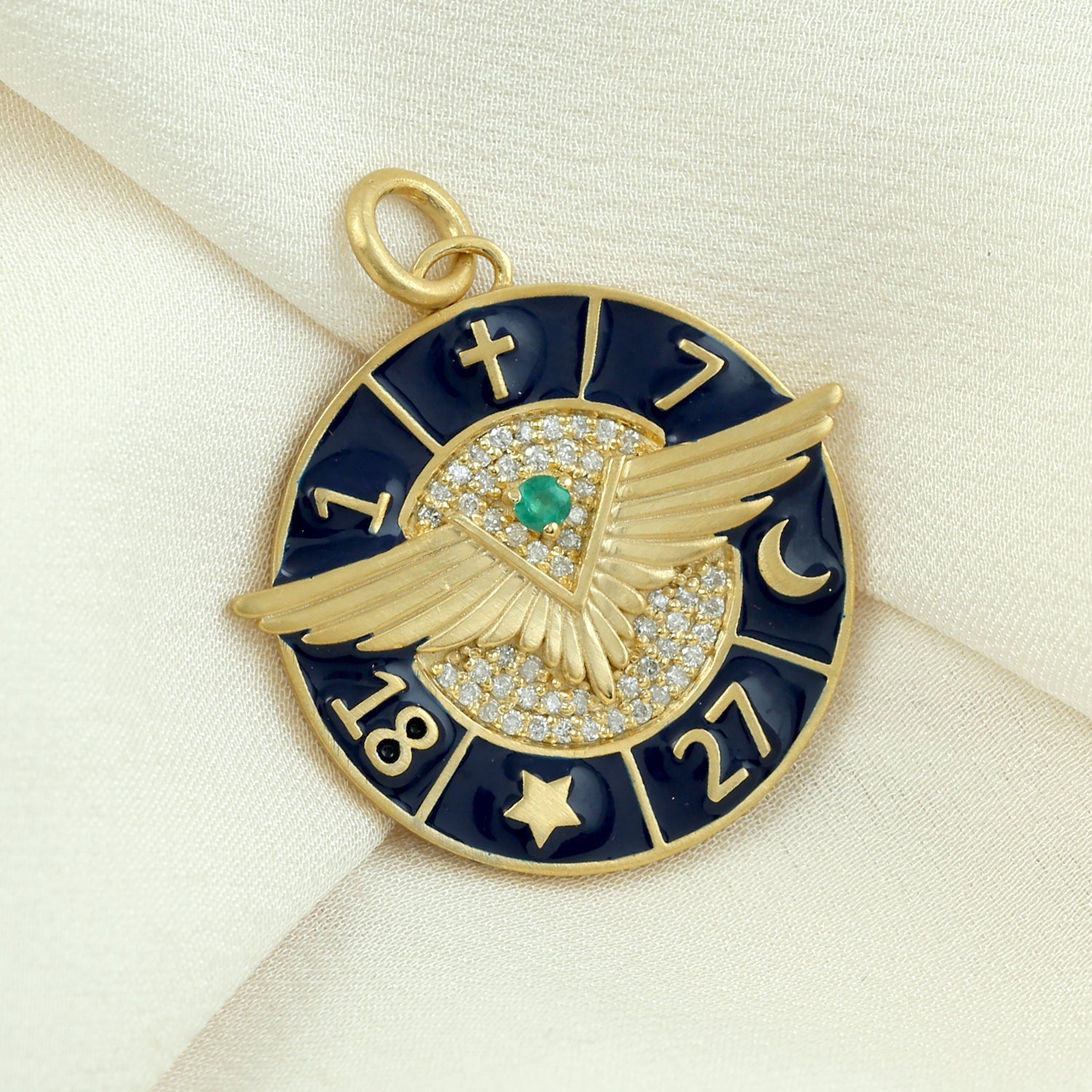 14K Yellow Gold Pave Diamond Prong Set Emerald Angel Wing Enamel Pendant Necklace - Elegant Jewelry Gift for Women, Perfect for Valentine's Day, Anniversary & Special Occasions