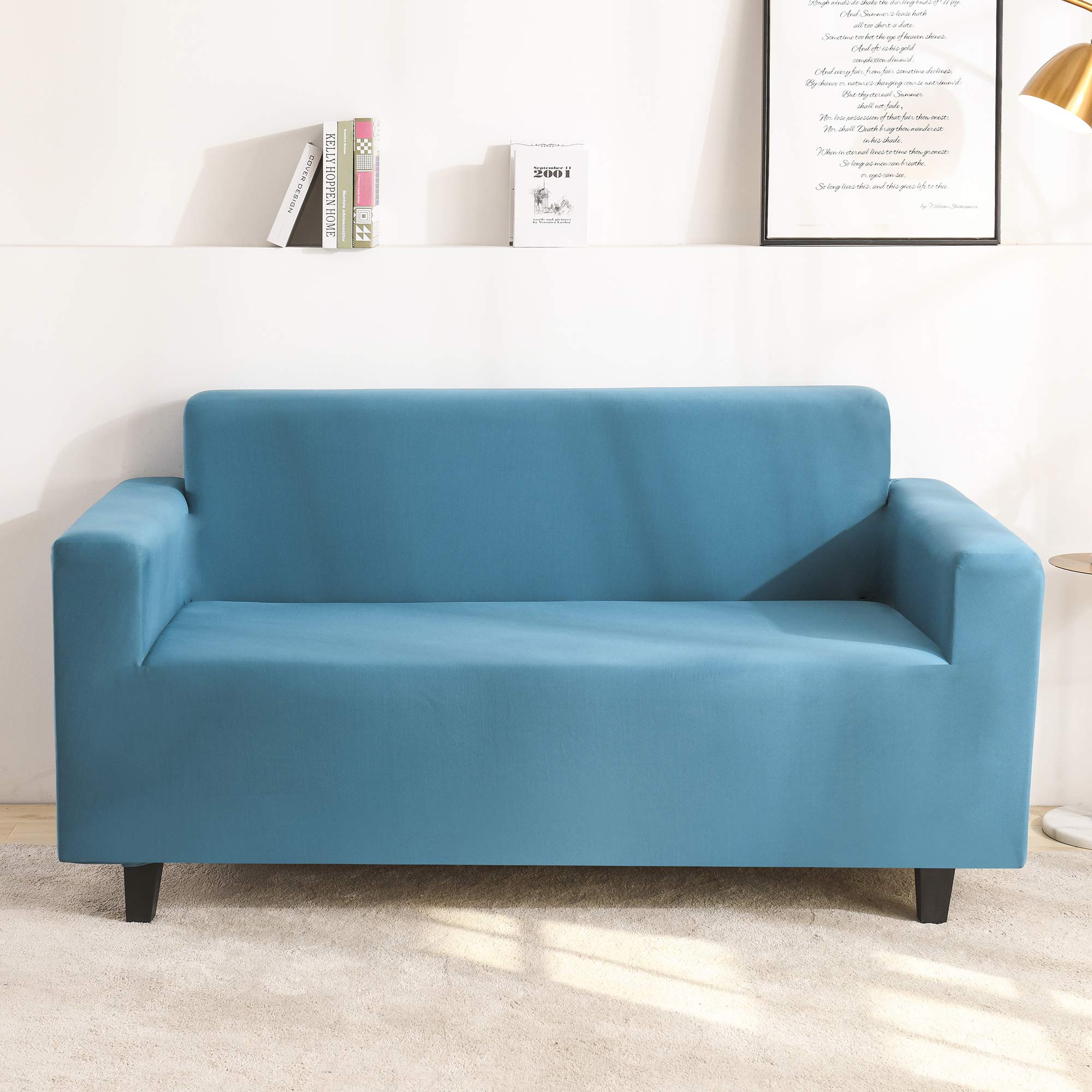 Stretchable Solid Color Sofa Cover - Lake Blue Washable Slipcover for Couch, Loveseat & Furniture Protection | Non-Slip Foam Backing & Elastic Straps | Pet & Kid-Friendly Home Decor | Perfect for Living Room, Family Room & Apartment Furniture