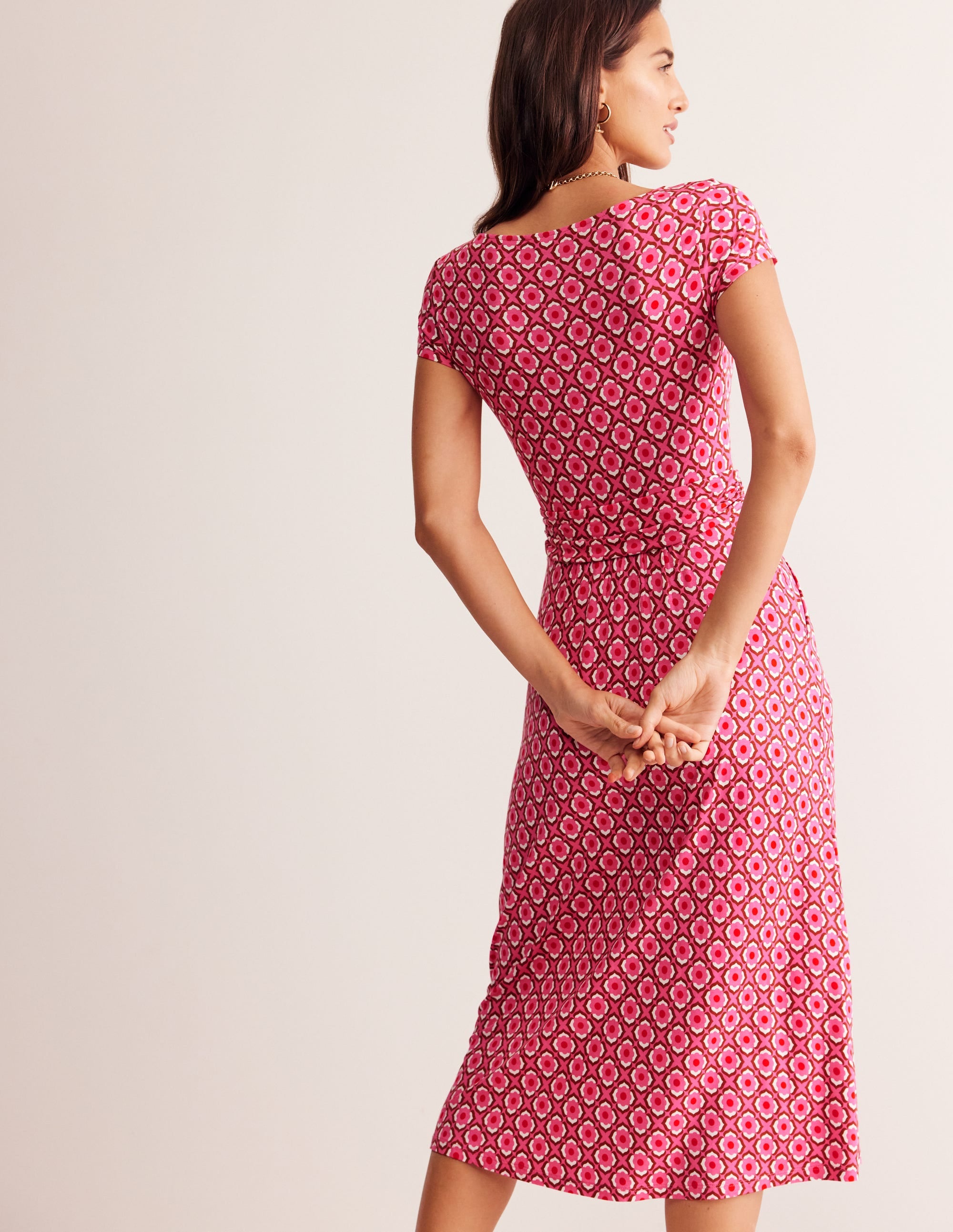 Amelie Jersey Midi Dress in Sangria Sunset with Geometric Pomegranate Print - Perfect for Summer Parties, Beach Vacations and Casual Outings