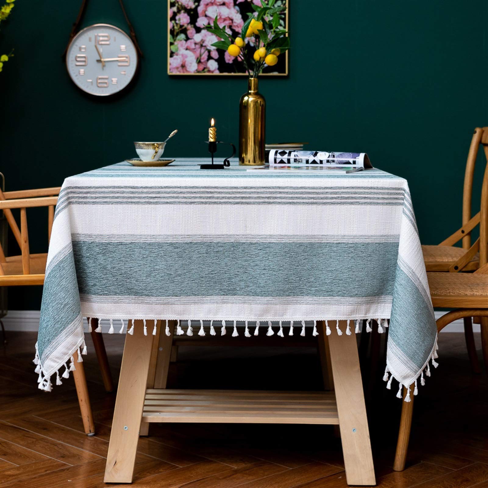 Premium Nordic Tassel Christmas Tablecloth - Thick Cotton Linen Blend with Elegant Green & Blue Stripes, Dustproof Lace Trim - Perfect for Holiday Dining, Party Decor, and Festive Home Decorations