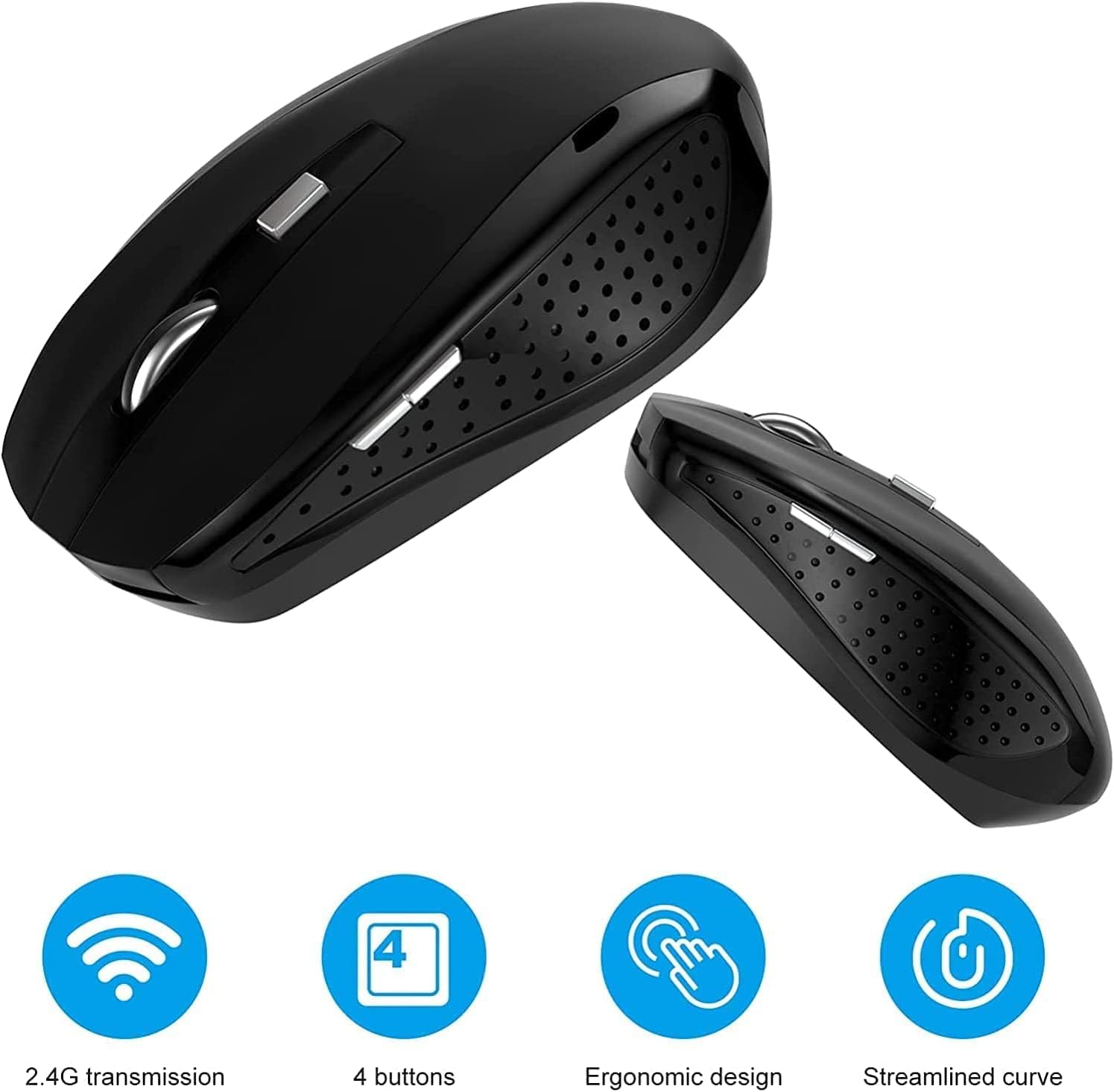 Wireless Mouse 2.4Ghz with Nano Receiver - 6 Buttons Ergonomic Computer Mouse for Laptop, PC, Chromebook, Notebook - 1200 DPI Precision for Office Work, Gaming & Home Use (Black)