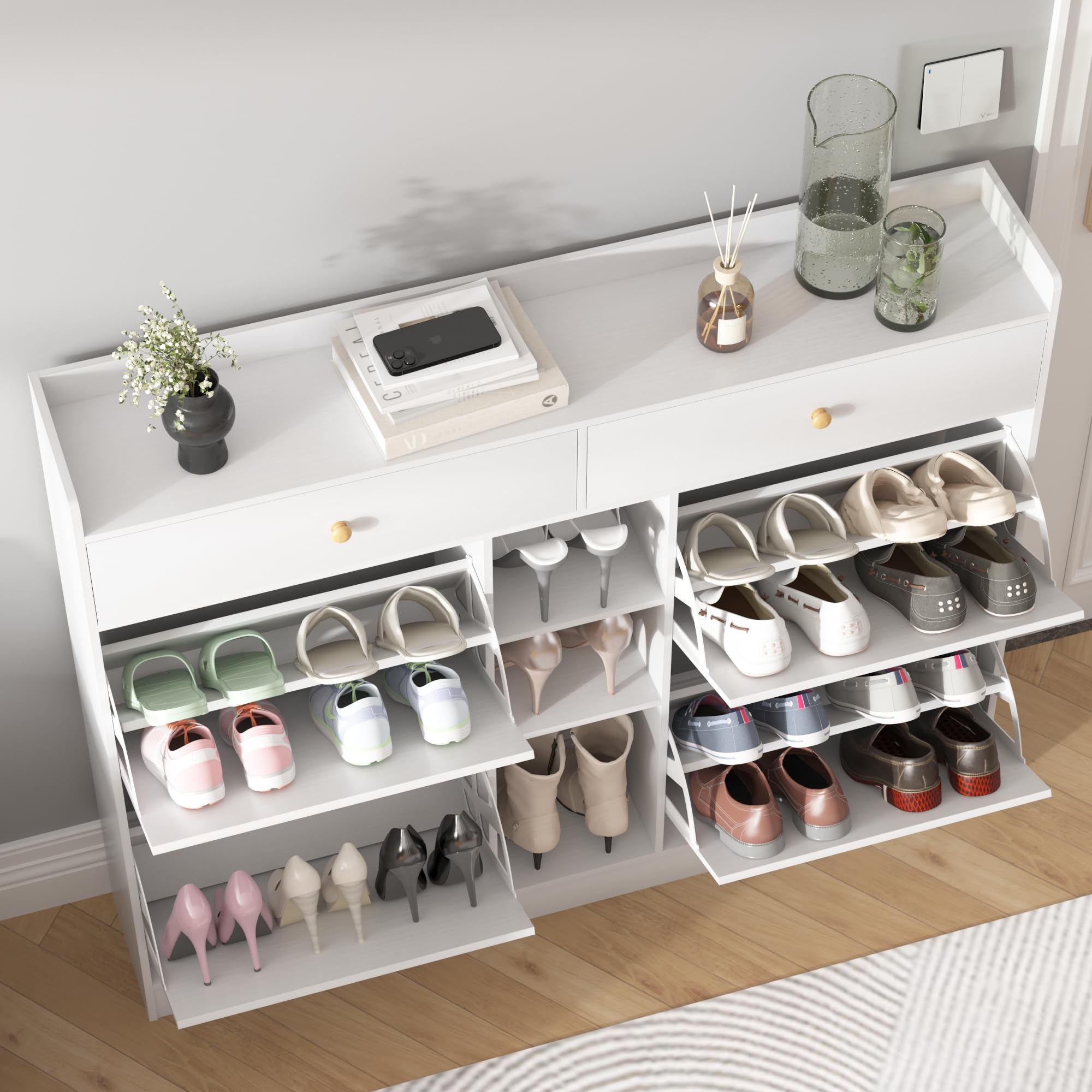 Modern White Shoe Cabinet for Entryway - Freestanding Shoe Rack Storage Organizer with Drawers | Perfect for Small Spaces, Hallway Organization & Shoe Storage Solutions