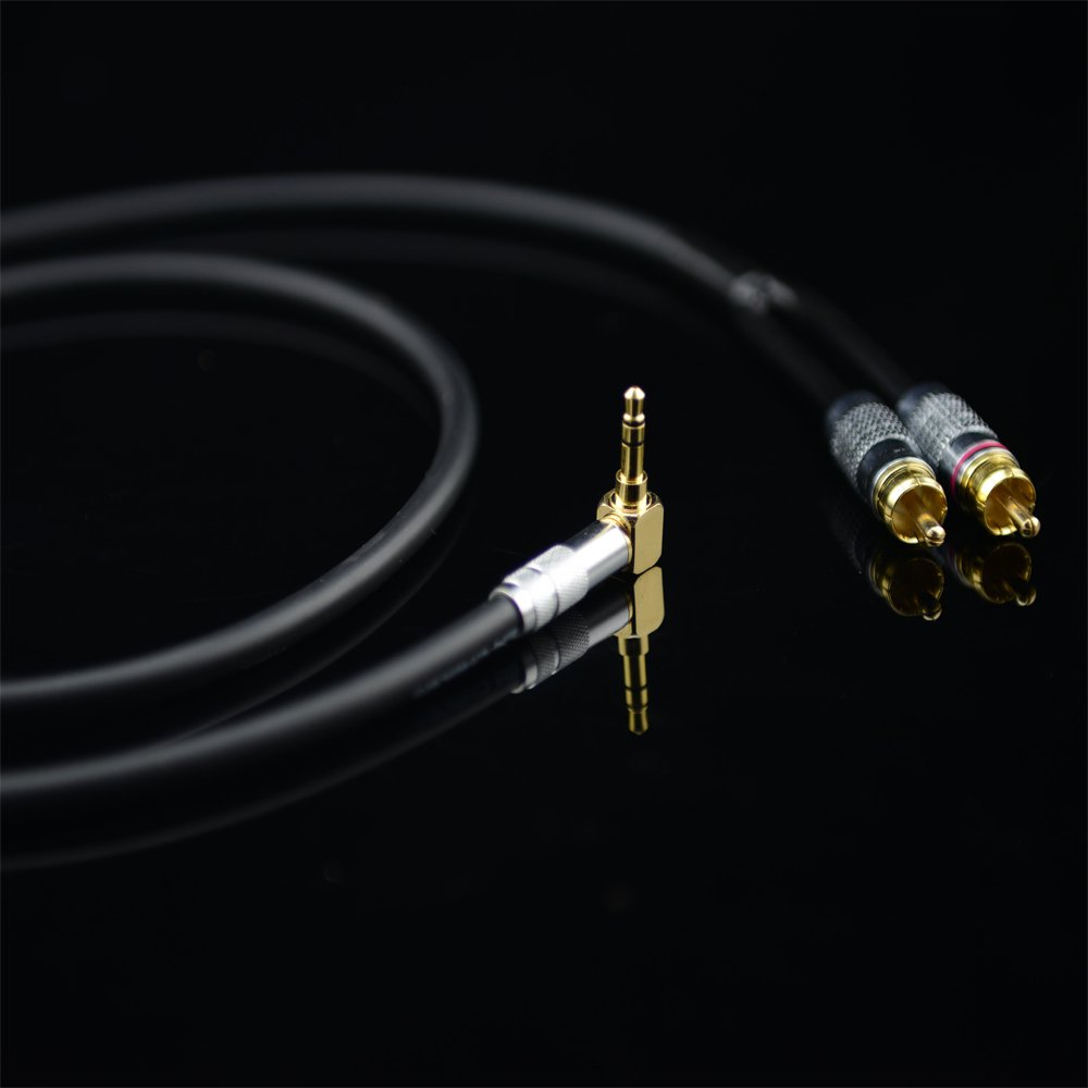 Primeda Hi-Fi Audiophile Stereo 3.5mm Male to 2 RCA Male Audio Cable - 6 Feet Right Angle Connector for MP3, CD Players, Speakers, Home Theater, HDTV, and Gaming Consoles