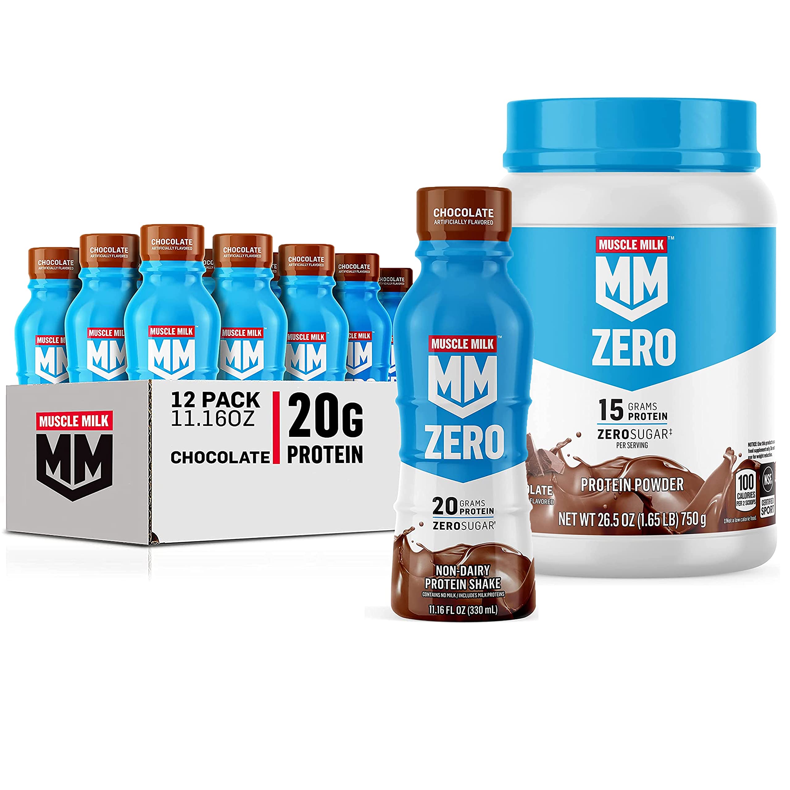 Muscle Milk ZERO Protein Shake & Powder Bundle - Chocolate Flavor, 11.16 Fl Oz Bottles (Pack of 12) + 1.65lb Powder with 15g Protein per Serving - Low Calorie 100kcal Nutrition for Post-Workout Recovery & Muscle Building - Ideal for Gym, Fitness & Weight Management