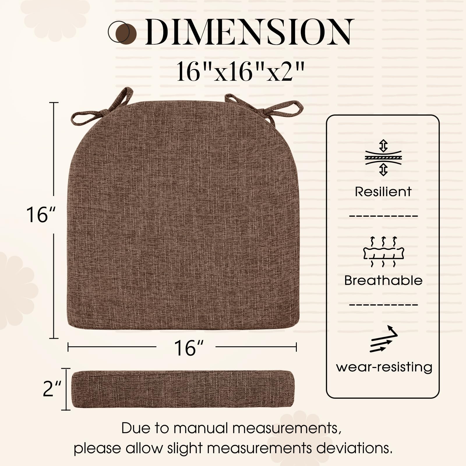 Premium 6-Pack Non-Slip Dining Chair Cushions with Ties - 16x16 Inch Kitchen Chair Pads for Comfort & Style (Brown) - Perfect for Home Dining Rooms, Restaurants, and Office Seating