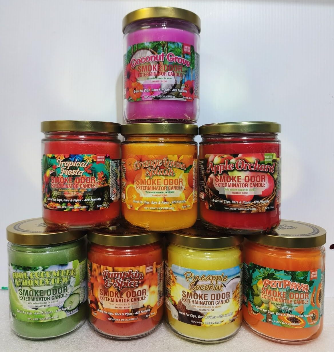 Smoke Odor Eliminator Candle - 13 oz Coconut Grove Scented Jar (8-Pack) | Orange Lemon, Pumpkin Spice, Pineapple Coconut, Tropical Fiesta, Cool Cucumber Honeydew, Apple Orchard & Papaya | Home, Office, Car Air Freshener for Smoke & Pet Odor Removal