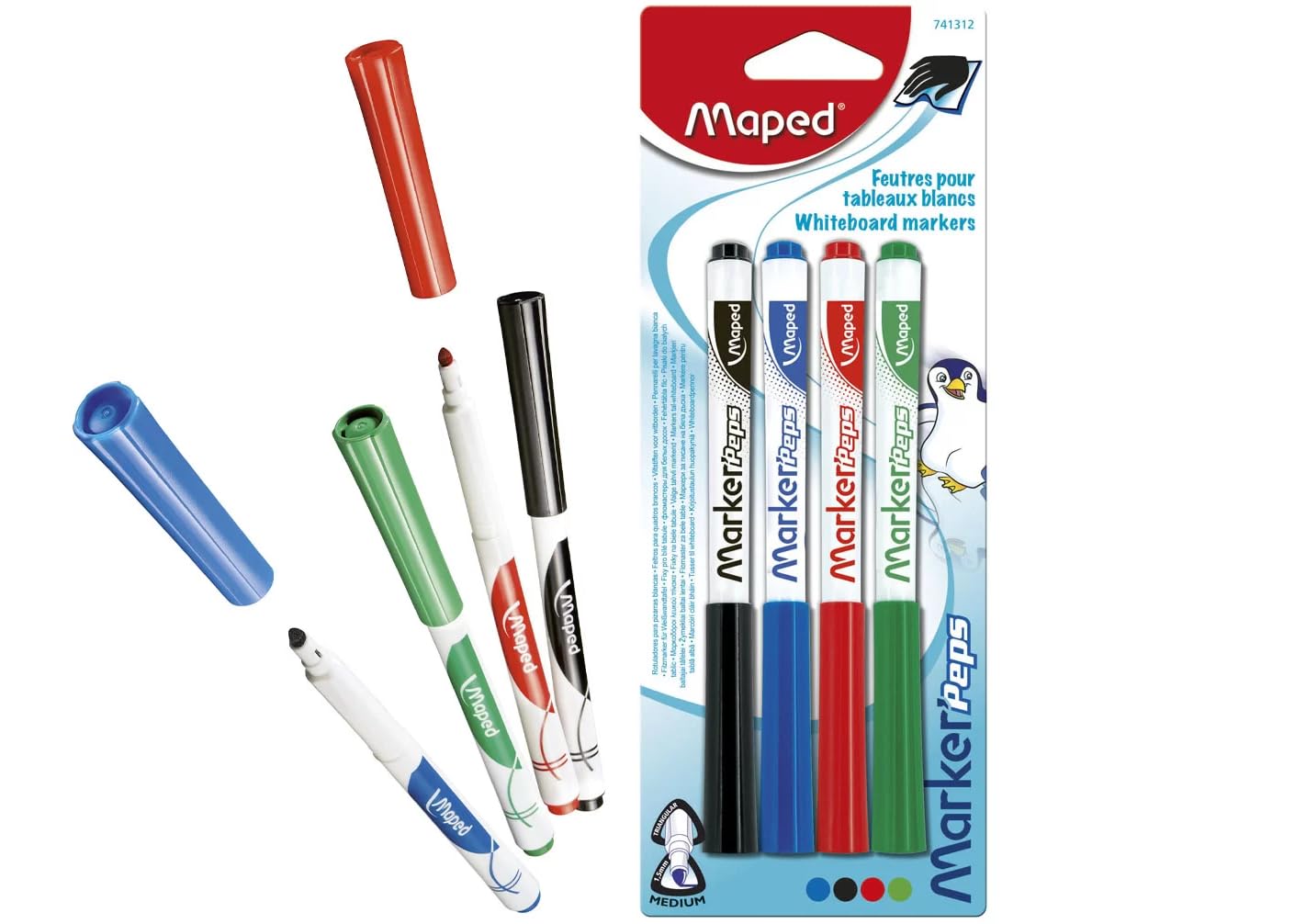 Maped Peps Dry Erase Markers 4-Pack - Black, Blue, Red, Green (741312) - Perfect for Whiteboards, Office Meetings & Classroom Teaching