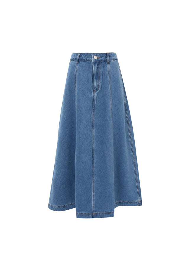 Ermeline Denim Midi Skirt for Women - Mid Blue Washed Denim A-Line Skirt with Pockets | Casual Outfit, Office Wear & Spring Fashion